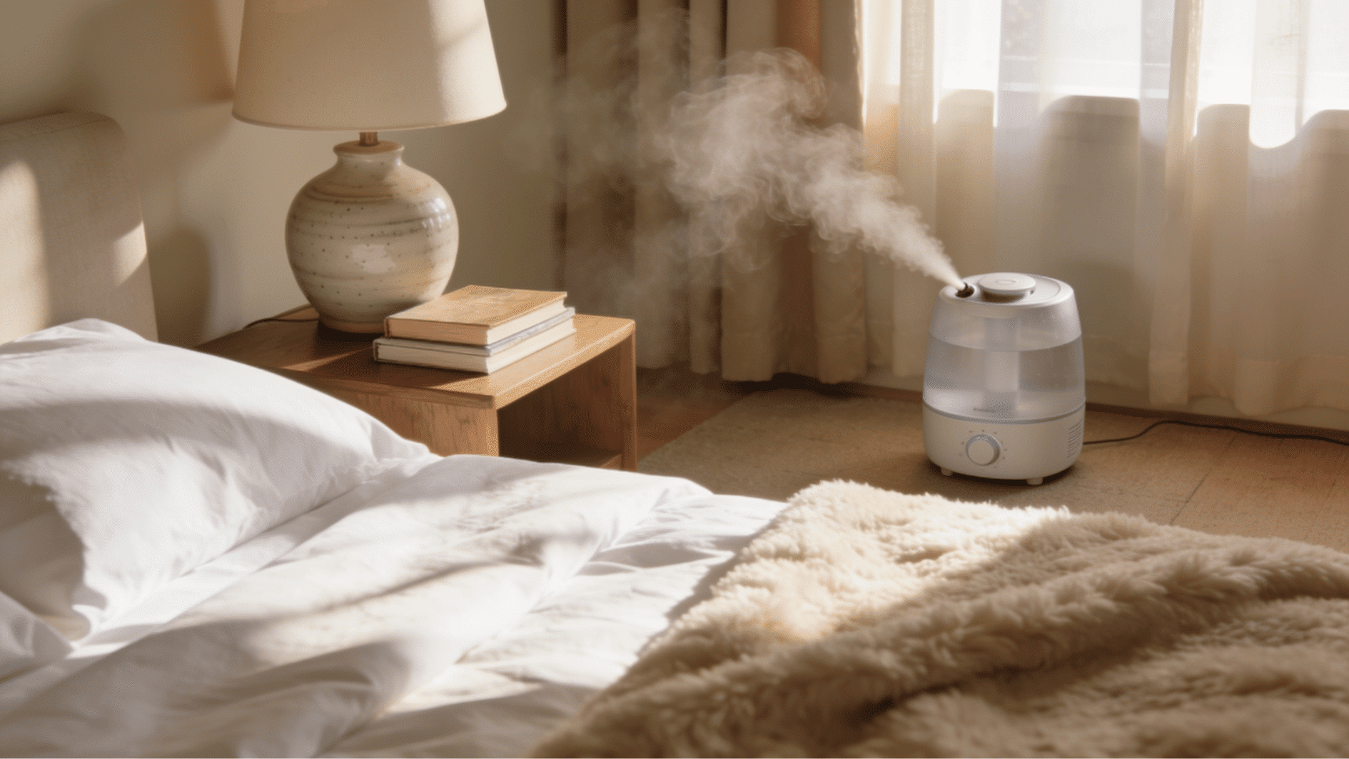 _humidifier positioned a few feet from the bed to keep bedding free from excess moisture