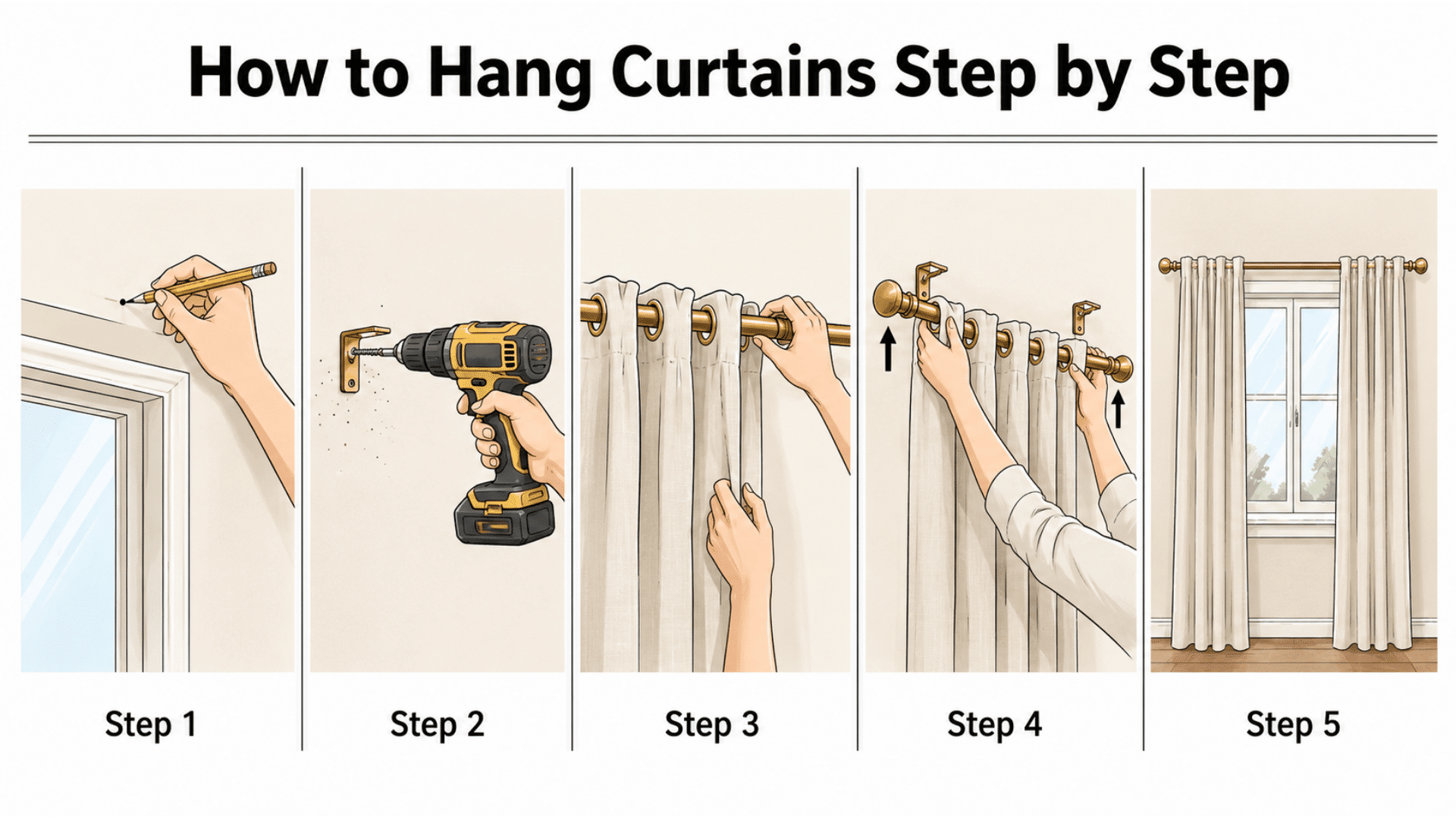 illustrated five step guide showing how to hang curtains with cream panels and gold curtain rod on a warm beige background