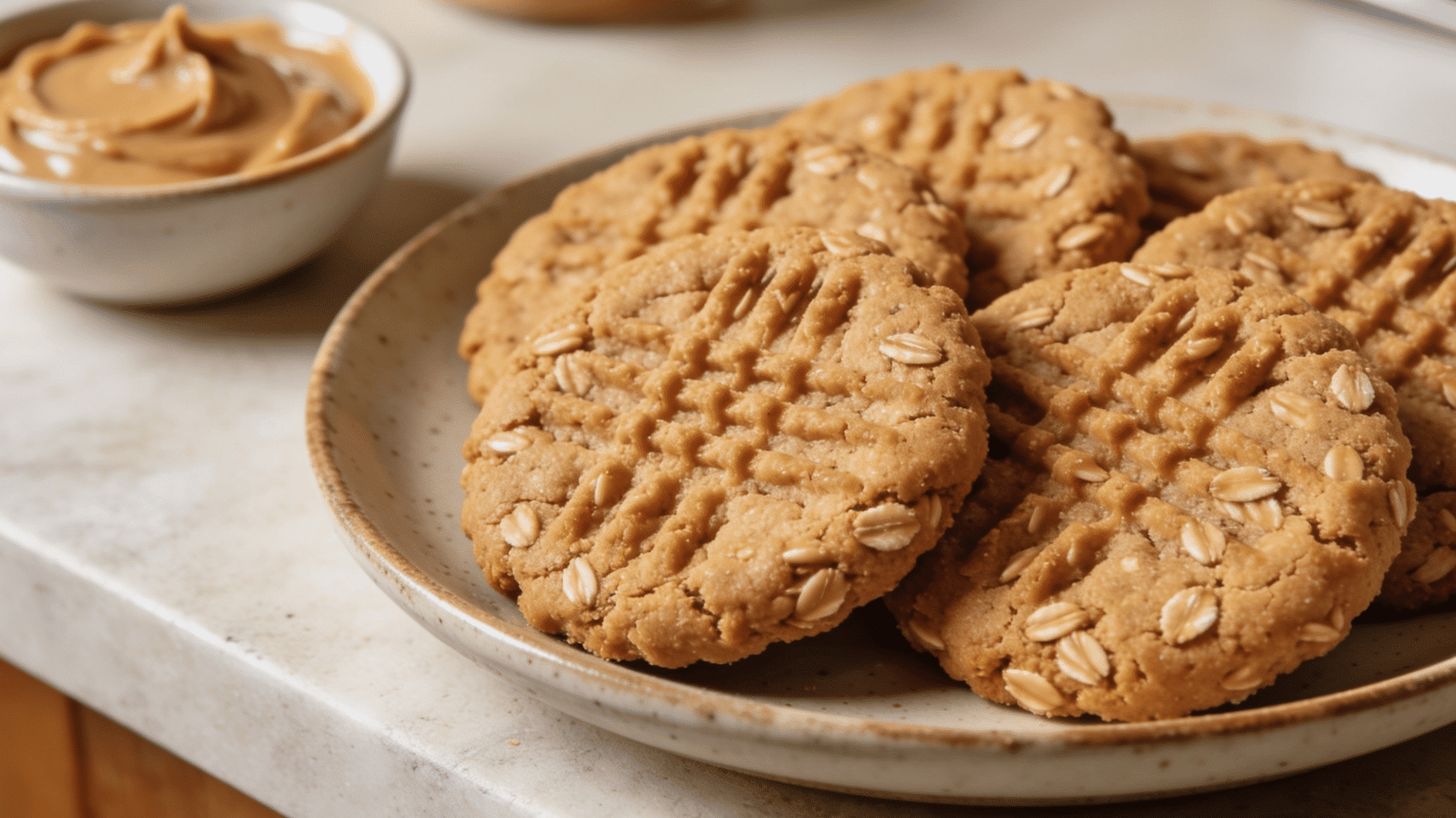image of peanut butter oat cookies arranged on a ceramic plate, fork crisscross pattern clearly visible on each cookie, soft golden-brown baked texture, a small bowl of peanut butter in the backgr