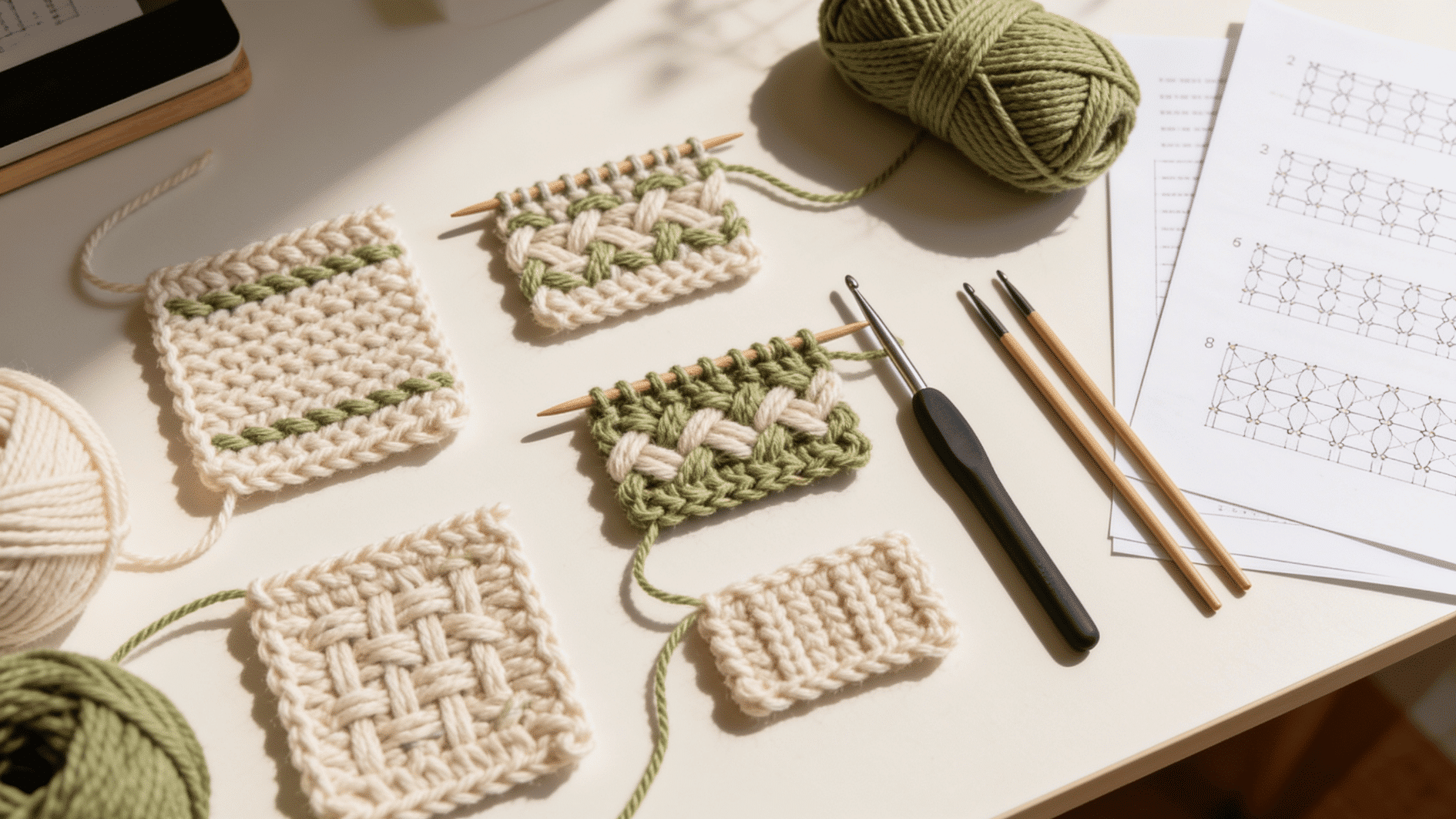 image showing a beginner learning crochet on one side and knitting on the other, hands practicing simple stitches with yarn crafts, relaxed home setting, clear view of tools and progress