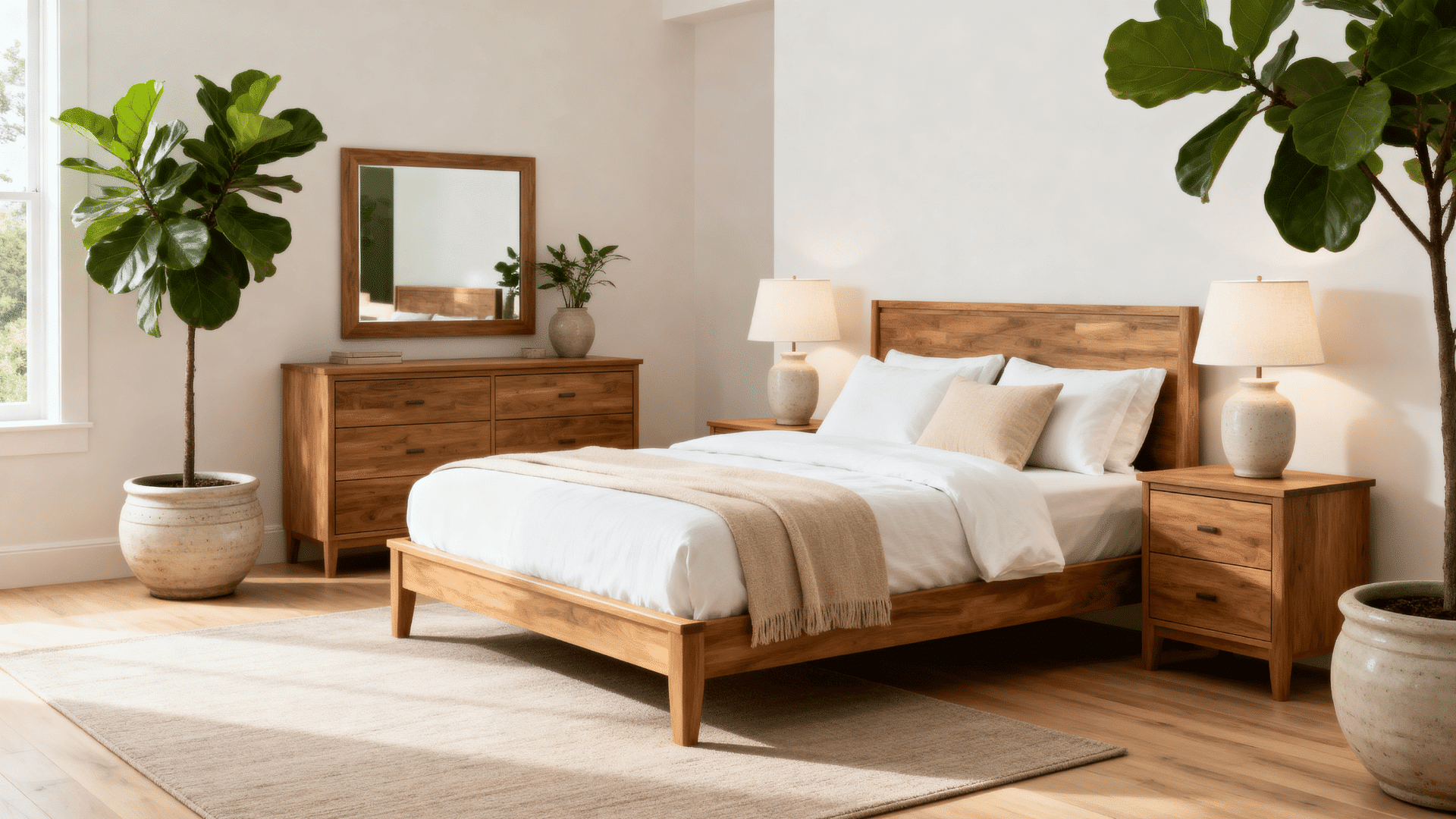 indoor plant bedroom white pot wood furniture neutral bedding and soft daylight full room interior view