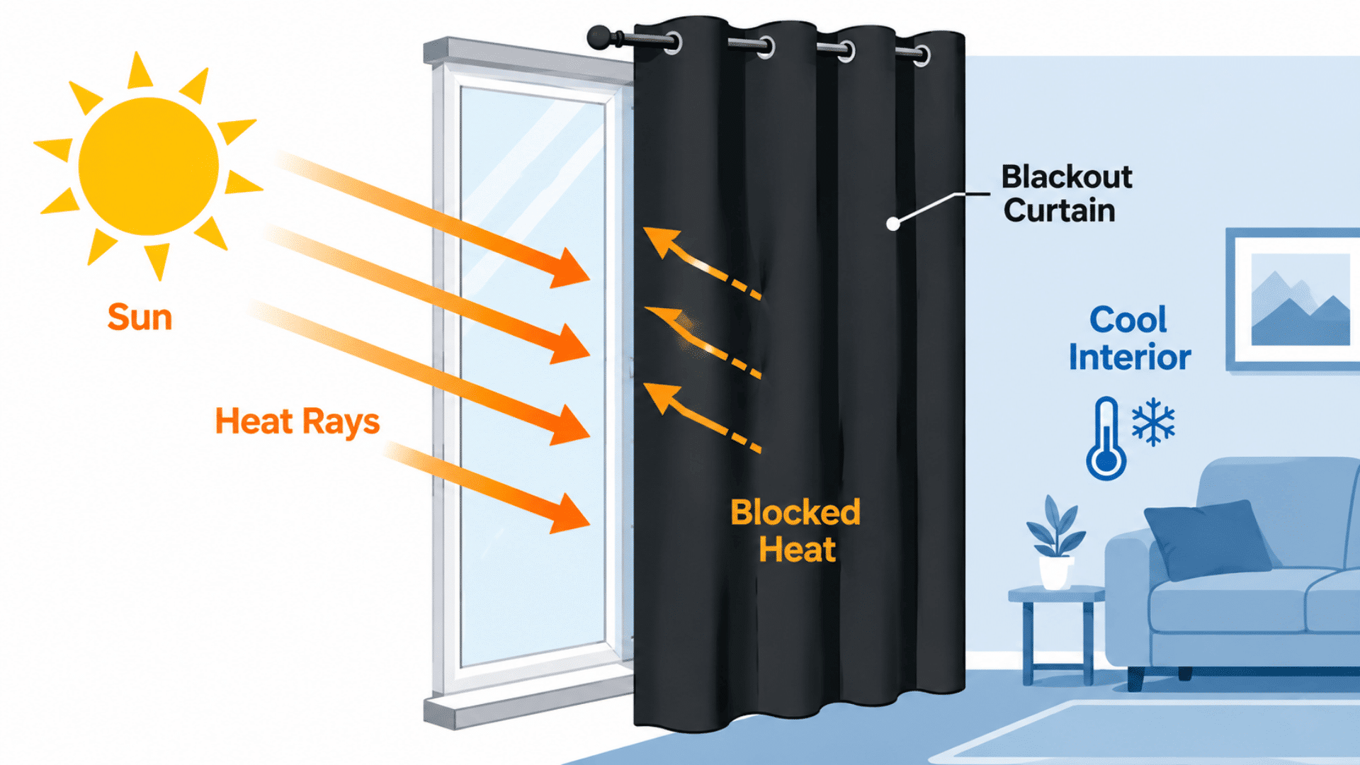 infographic showing how blackout curtains block heat rays from the sun keeping the room interior cool