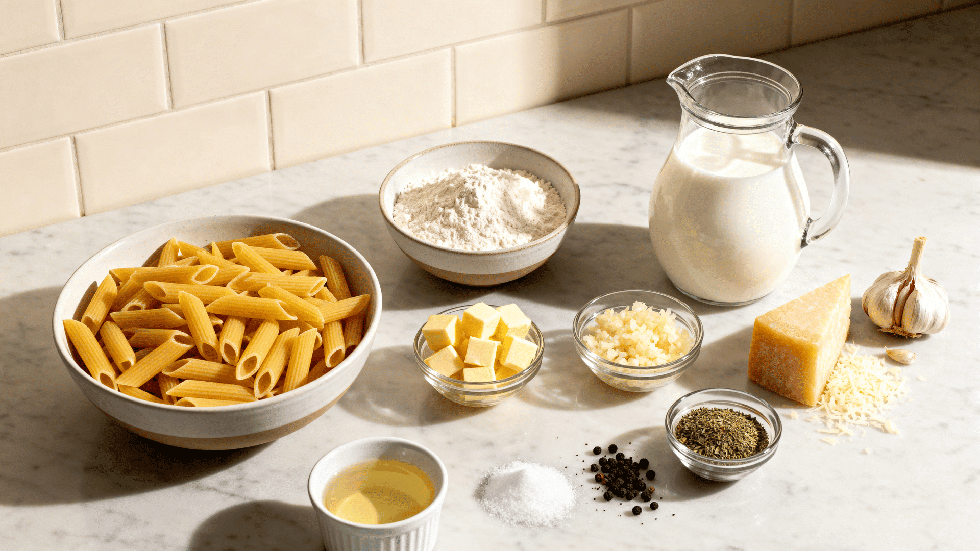 ingredients for white sauce pasta arranged on a kitchen counter with penne, milk, butter, flour, garlic and cheese