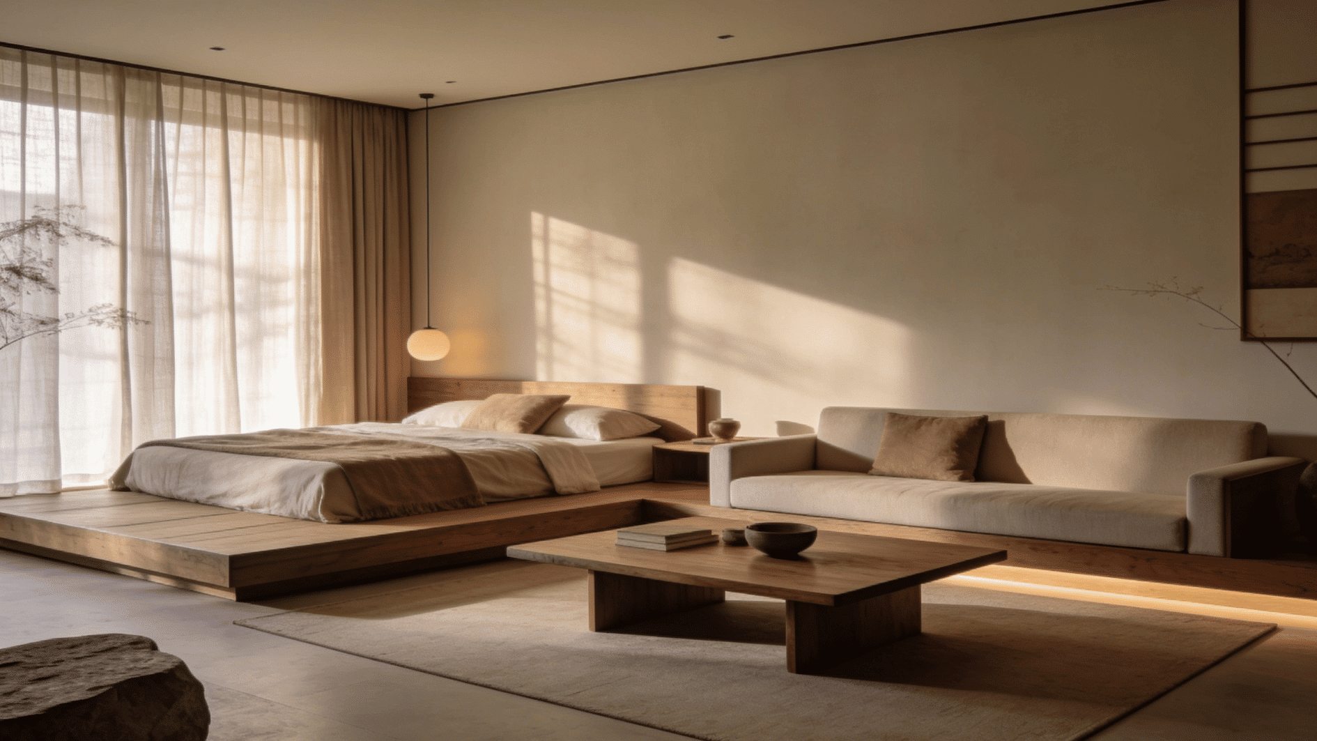 japandi interior with low wooden furniture muted tones natural materials and calm balanced atmosphere