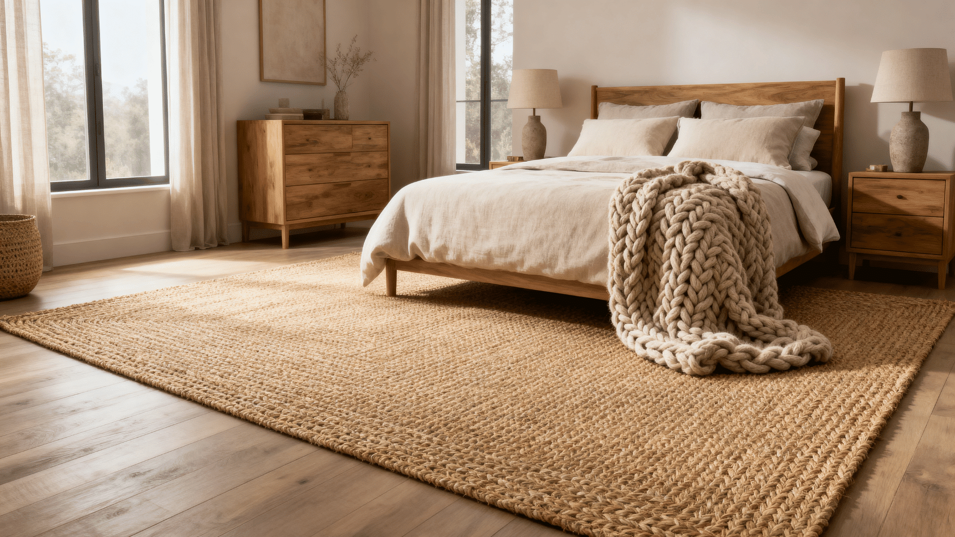 jute rug bedroom with knit throw linen bedding wood furniture and warm indoor lighting full room view