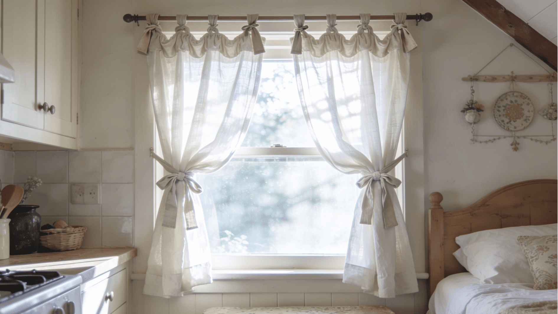 kitchen window with tie up curtains fabric ties holding curtains soft gathered folds light casual cottage style interior