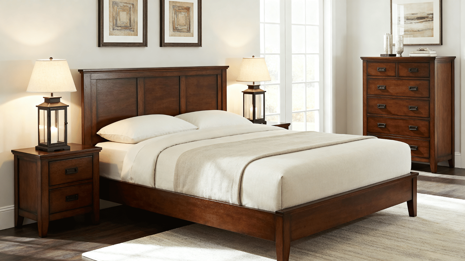 lantern bedside lamps bedroom wood nightstands neutral bedding and soft warm indoor lighting full room view