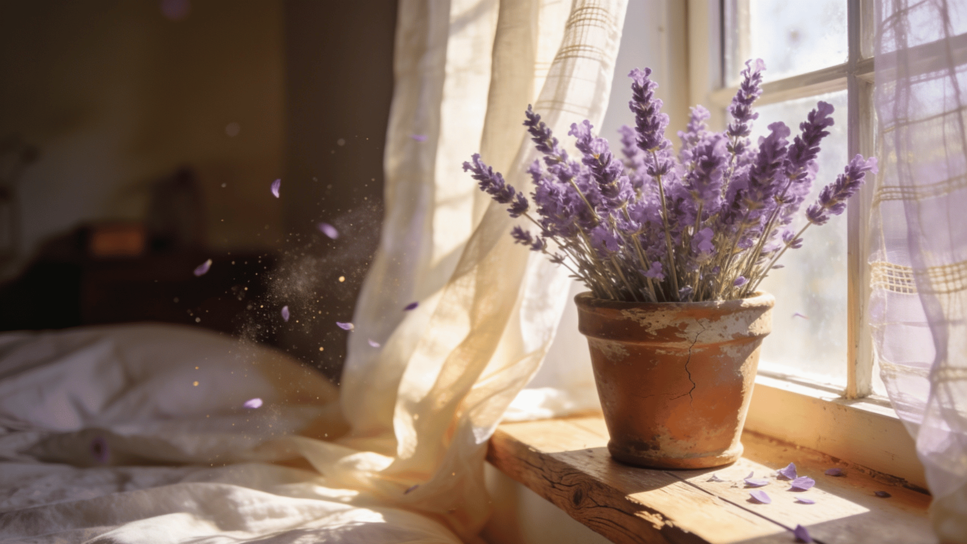 lavender plant in a terracotta pot on a sunny bedroom windowsill with soft curtains and natural morning light