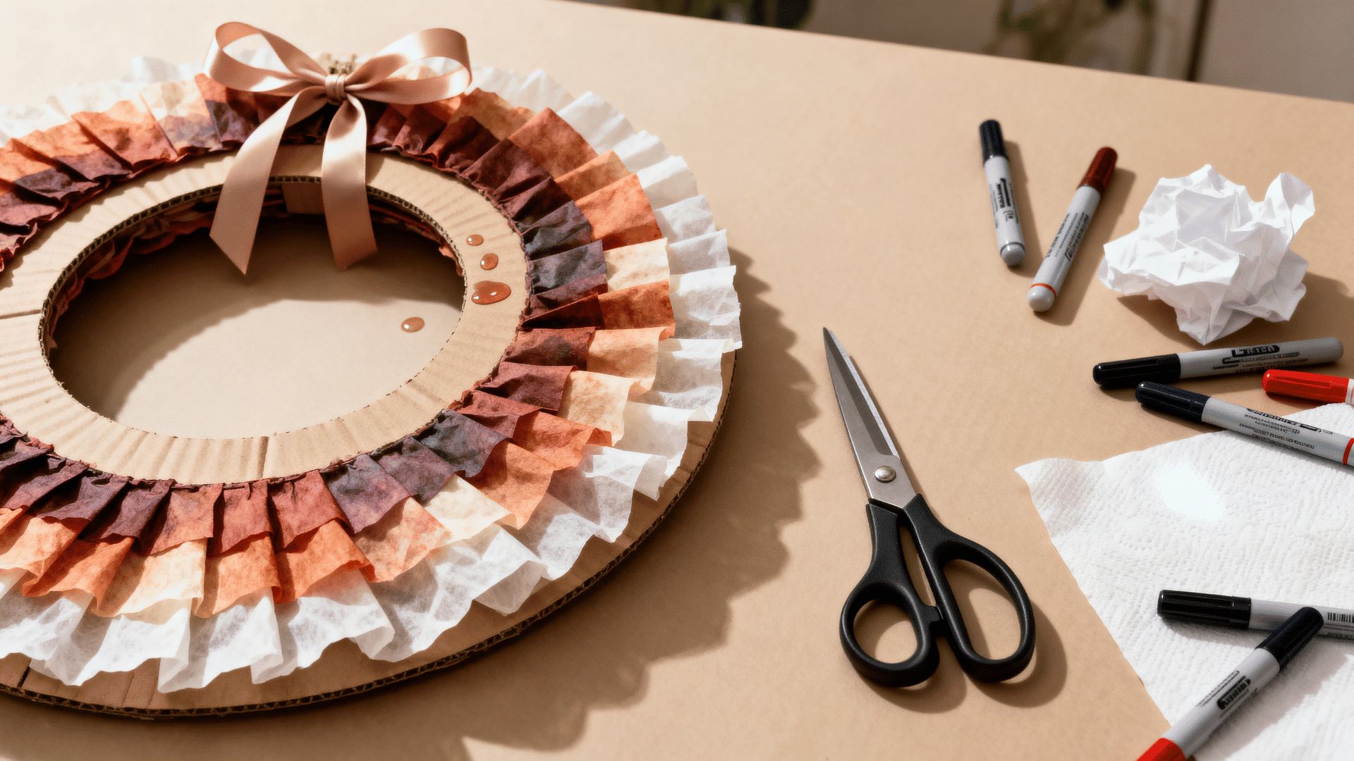 layered coffee filter wreath with soft colored folds on a cardboard ring, ribbon, glue, and craft tools nearby