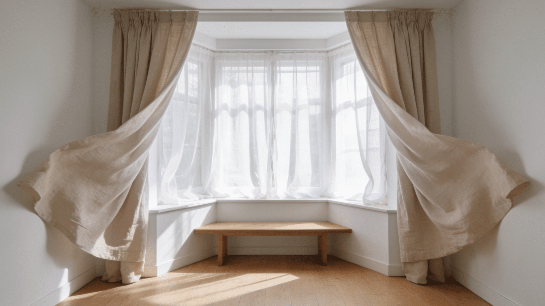 bay window with separate curtain layers showing sheer curtains and beige side panels fitted around angled window sections