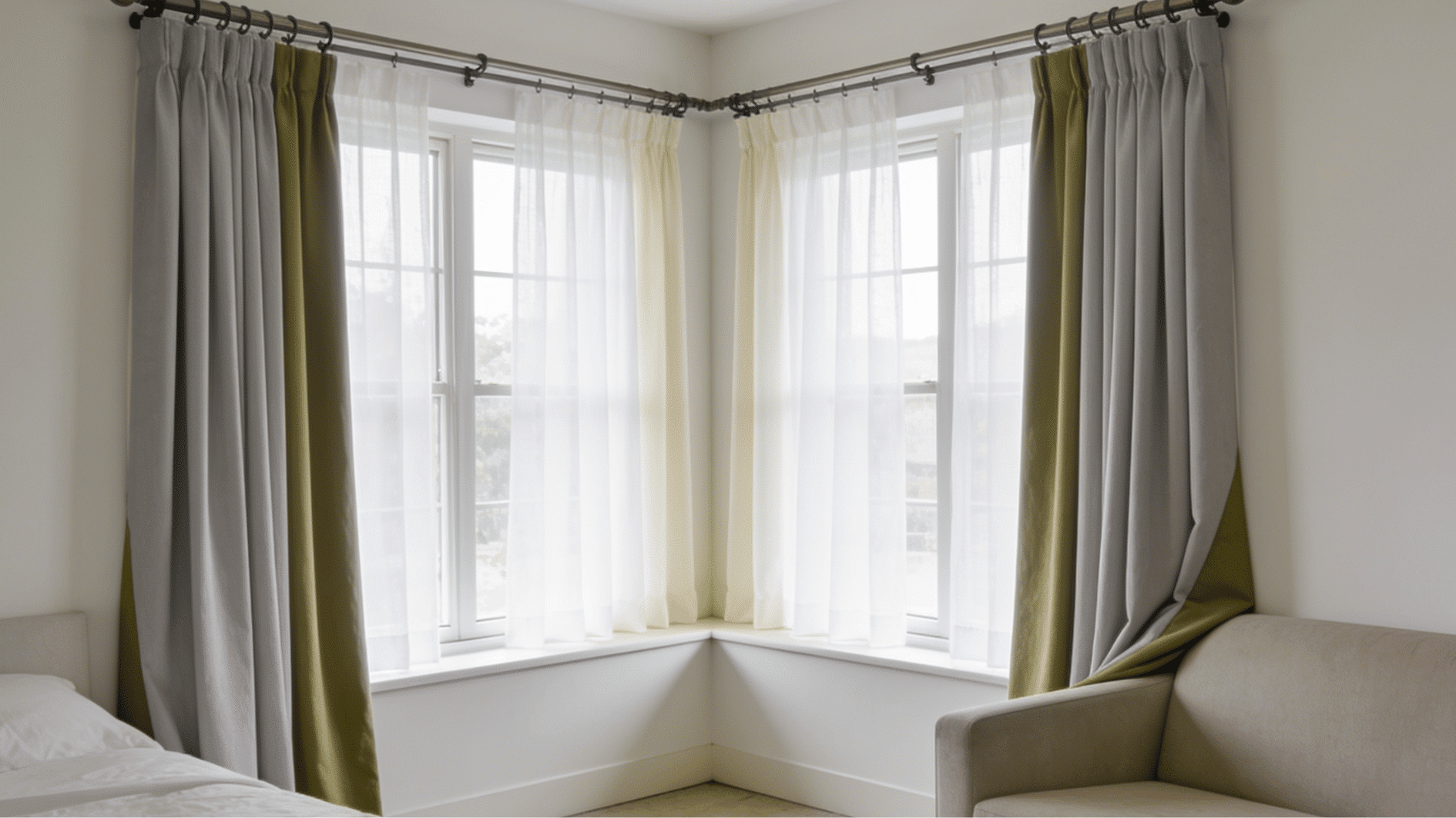corner windows with connected curtain rods showing sheer layers and outer drapes that create a balanced continuous window look