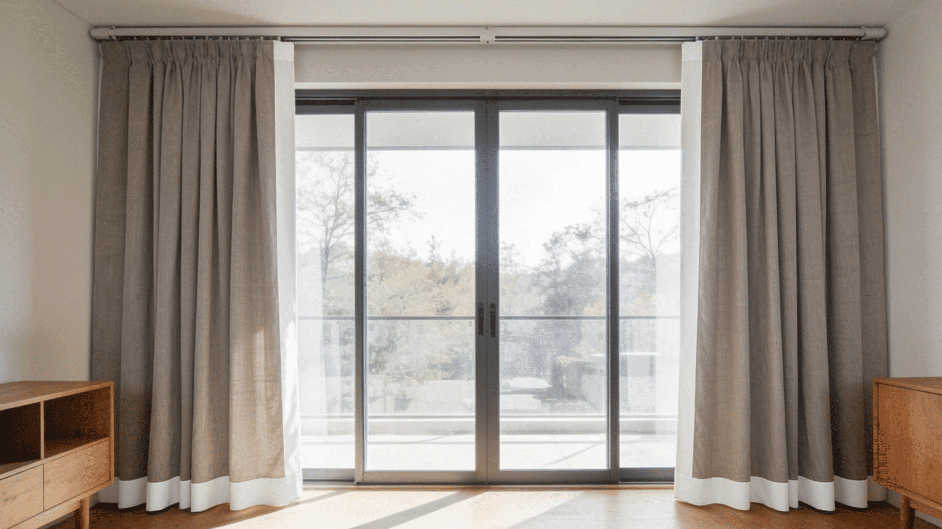 wide sliding glass doors with full curtain panels showing layered window coverage for privacy and light control in a room