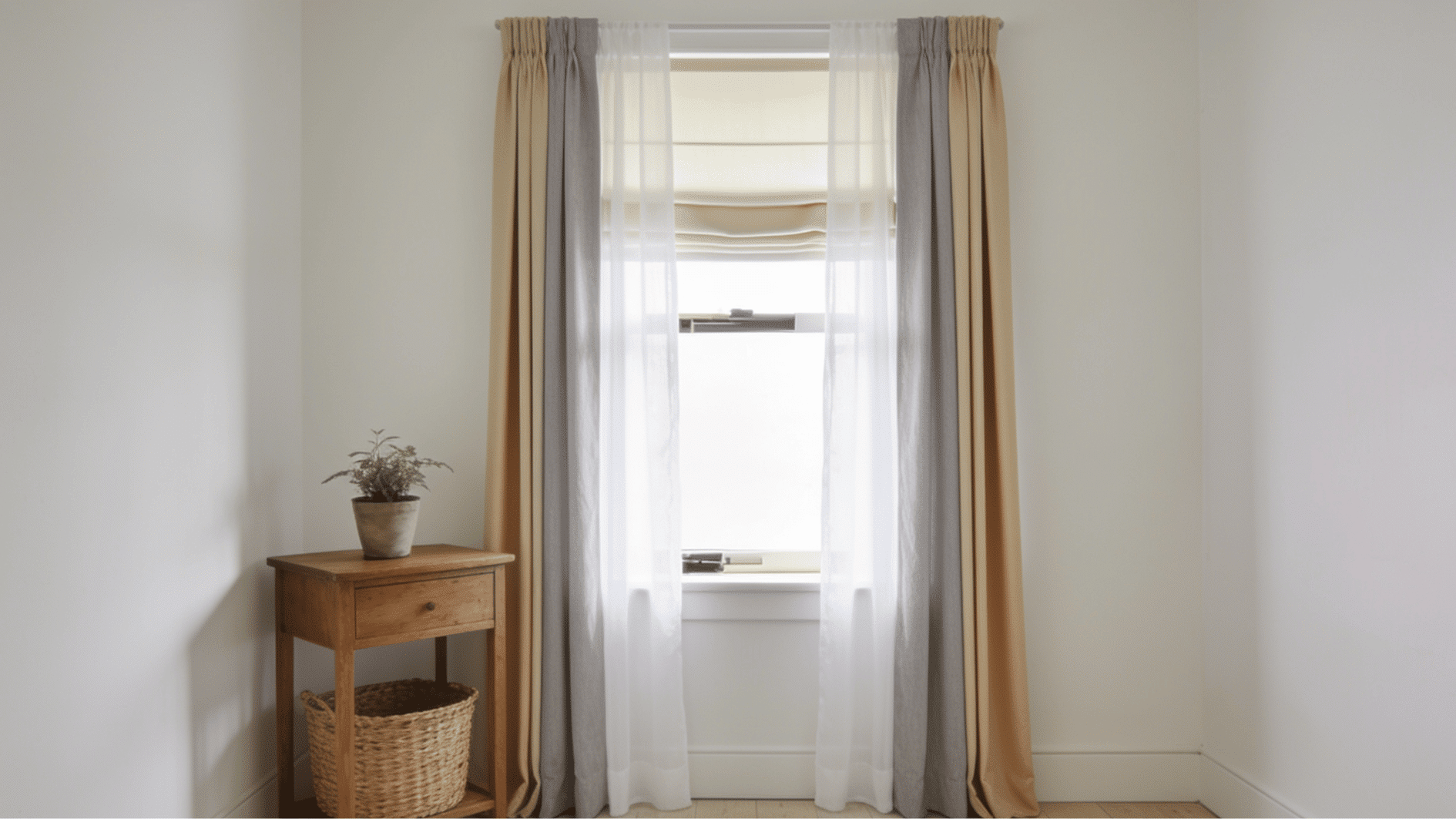 small window with sheer curtains and slim side panels showing a simple layered treatment that keeps the space open and bright