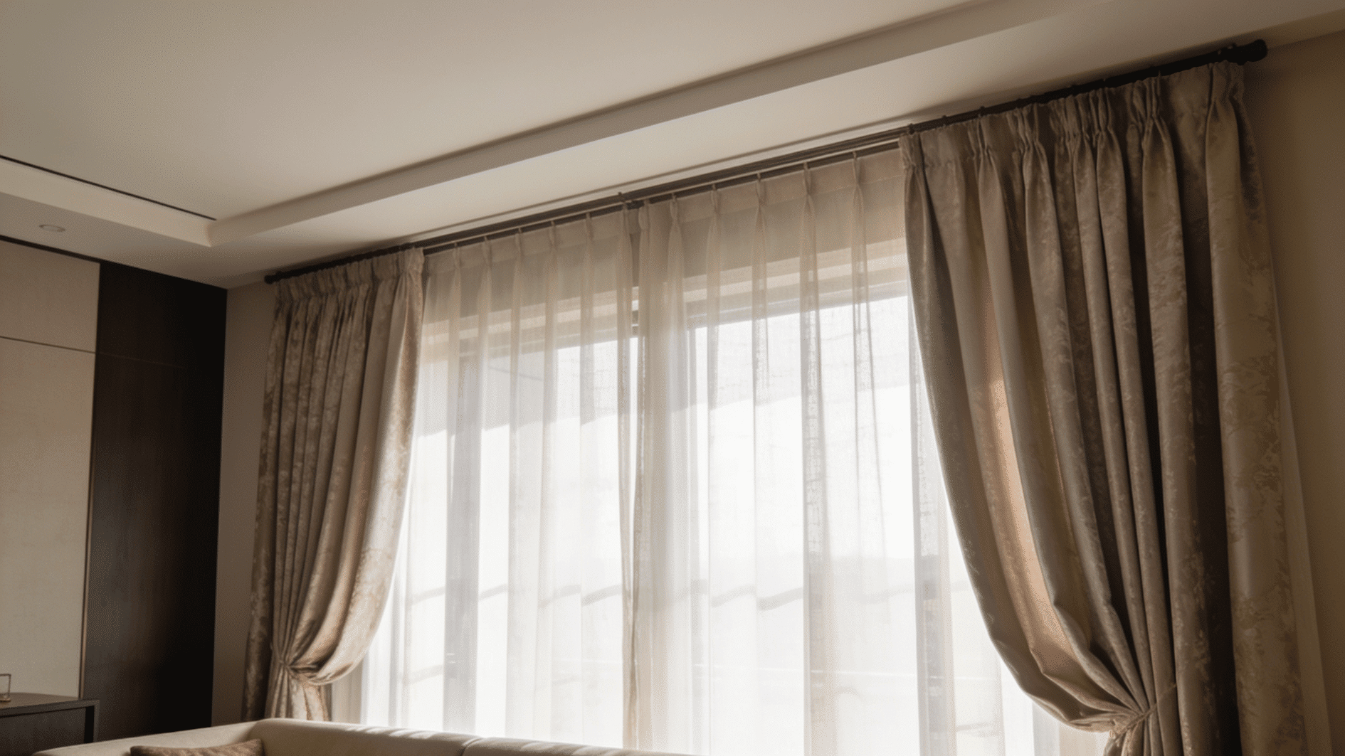 layered window treatment with sheer curtains and drapes together for light control and privacy in a modern living room