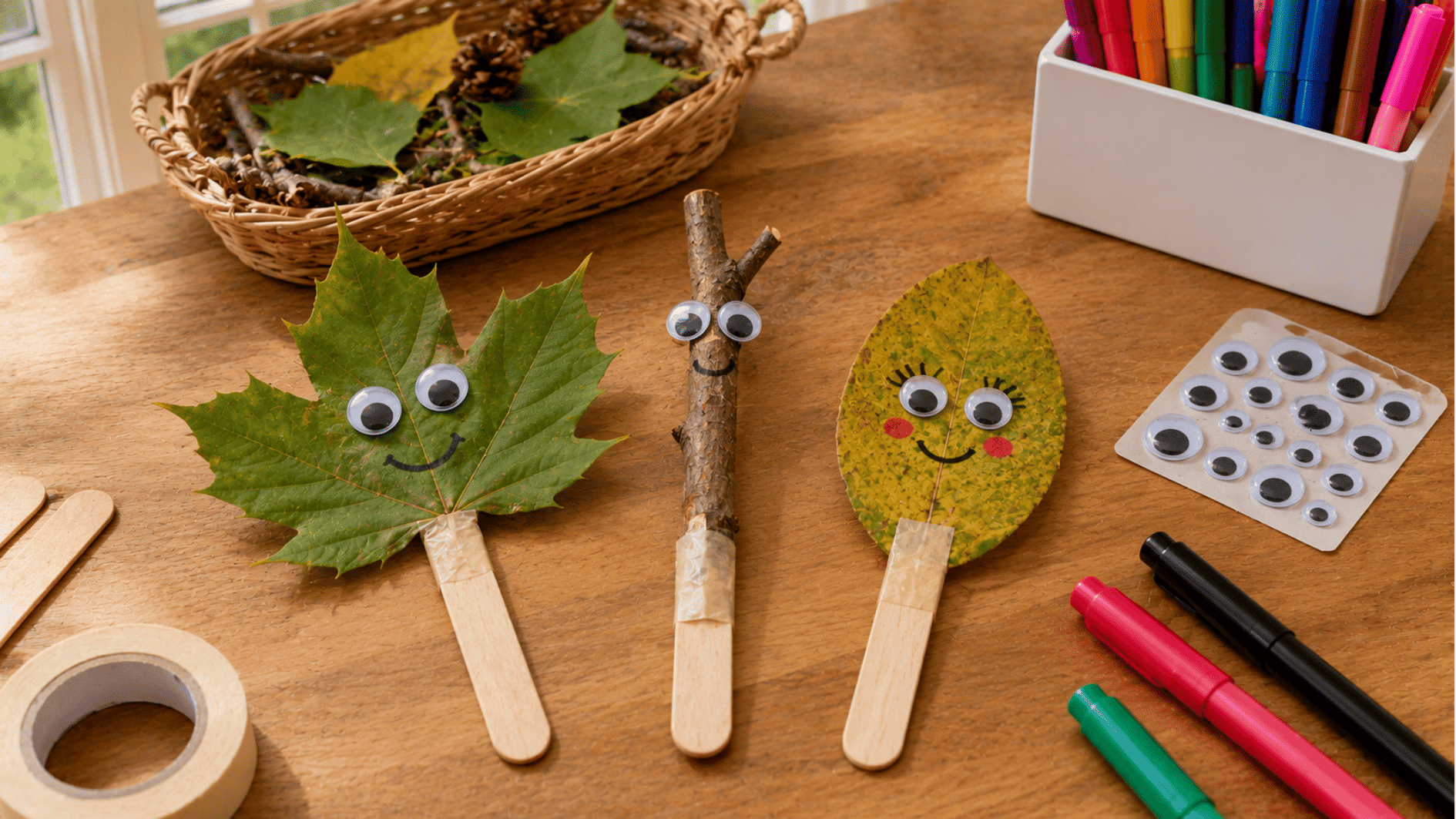 leaf and twig puppets with googly eyes craft sticks marker and nature items arranged on wooden table