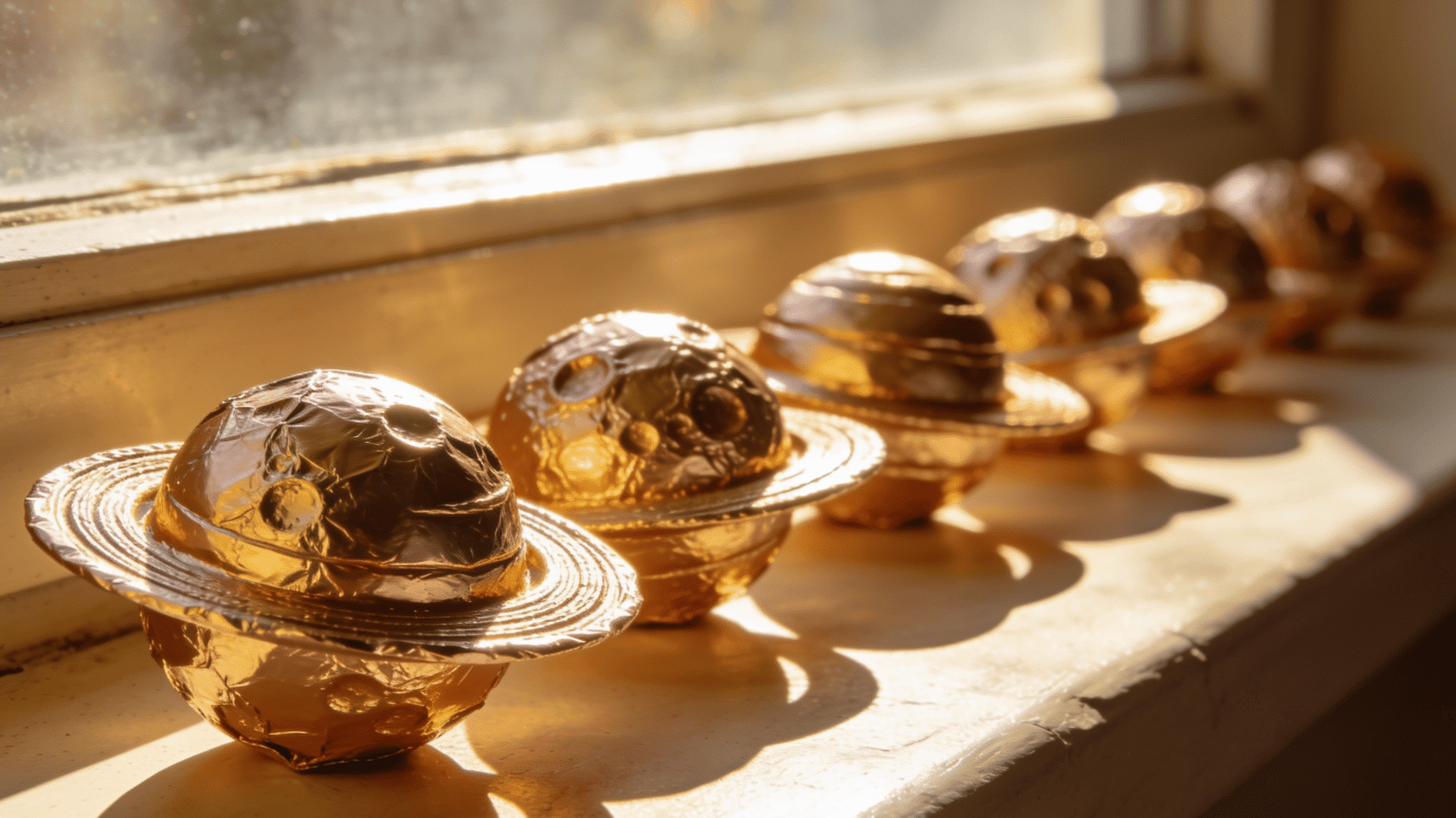 _lineup of small sculpted foil balls shaped like planets with textured rings and craters, arranged in order along a sunny windowsill