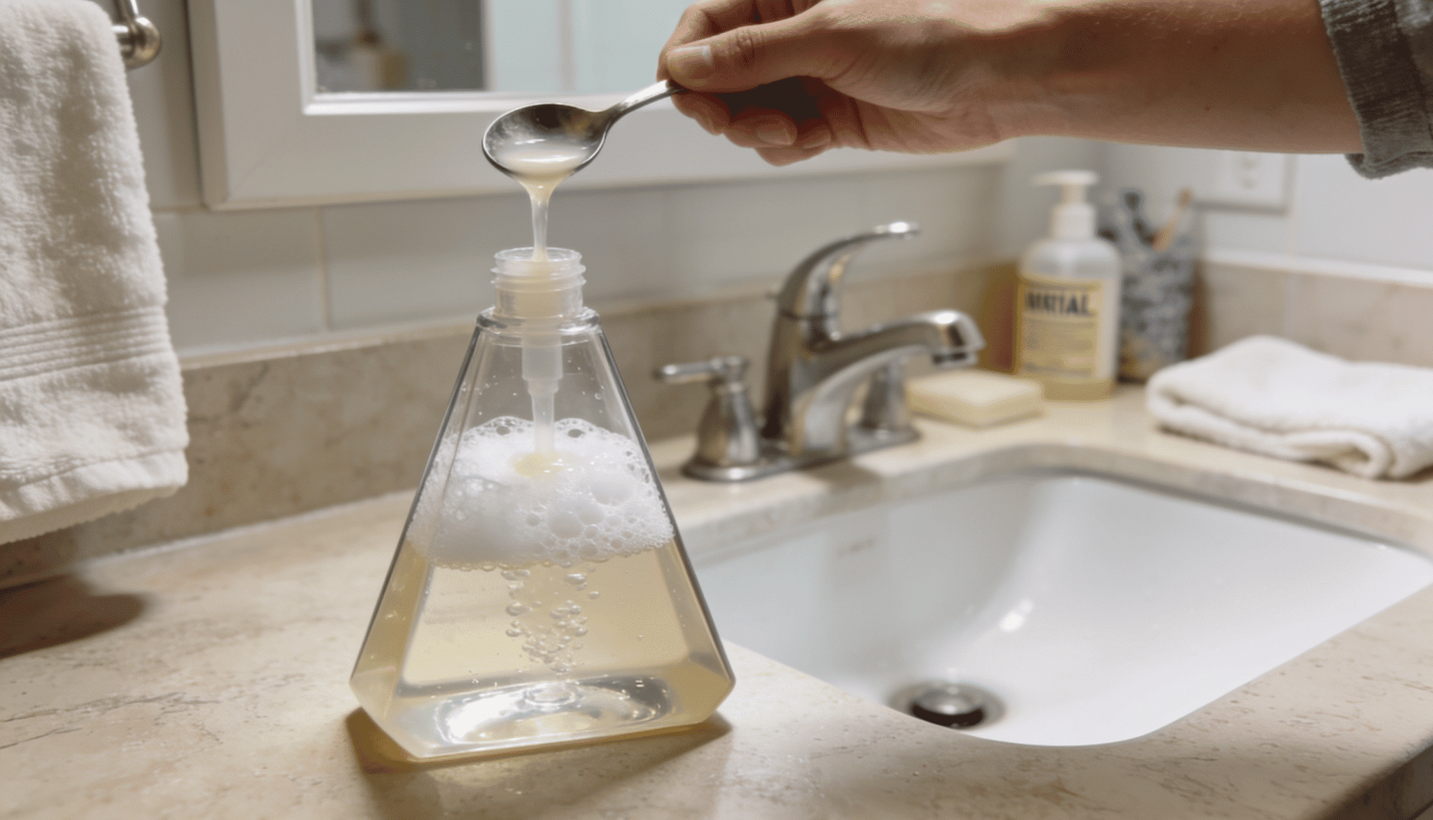 liquid soap being added to water in triangular foaming soap dispenser at home