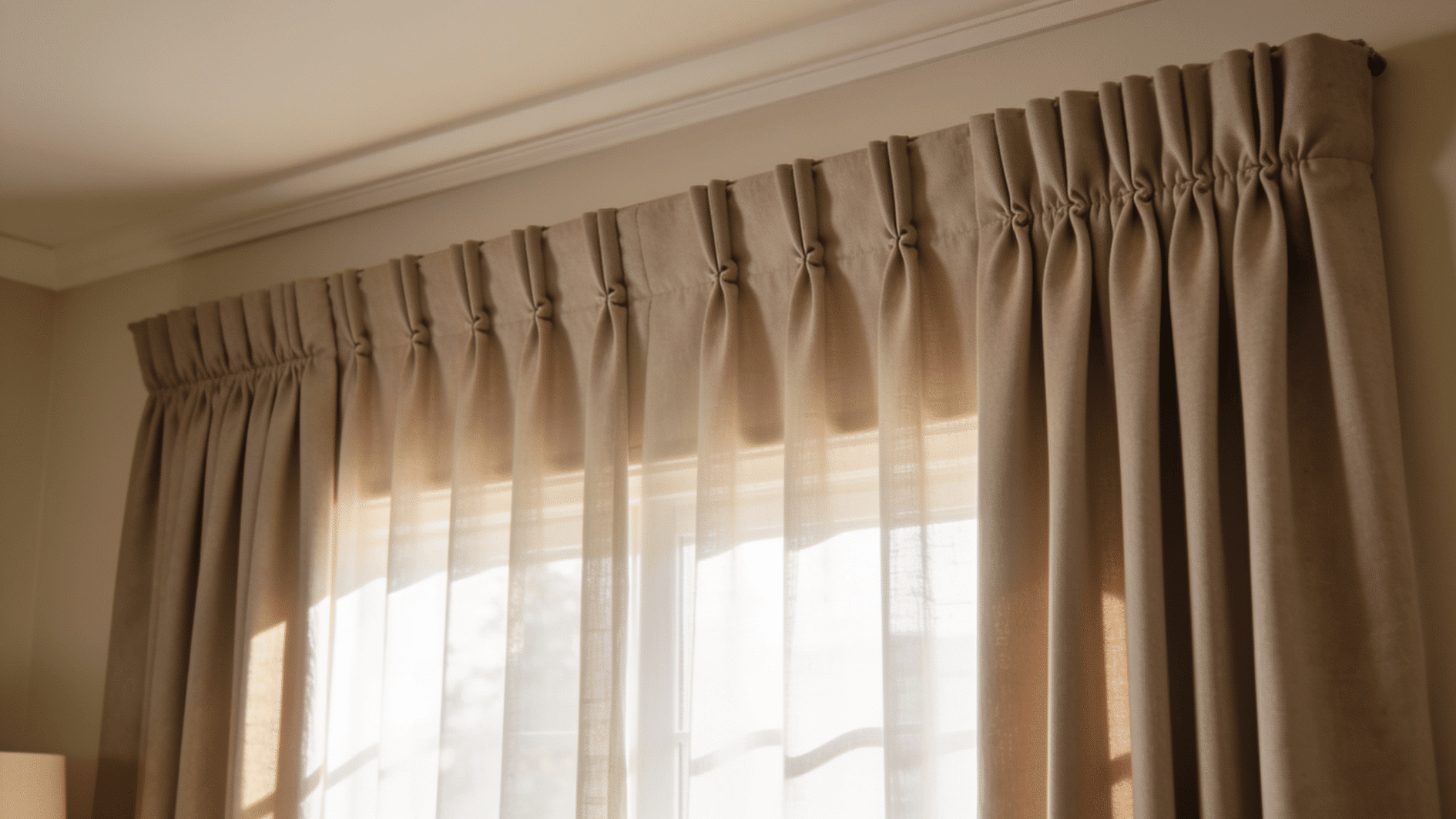 living room window with pinch pleat curtains stitched at top creating structured tailored folds formal and elegant