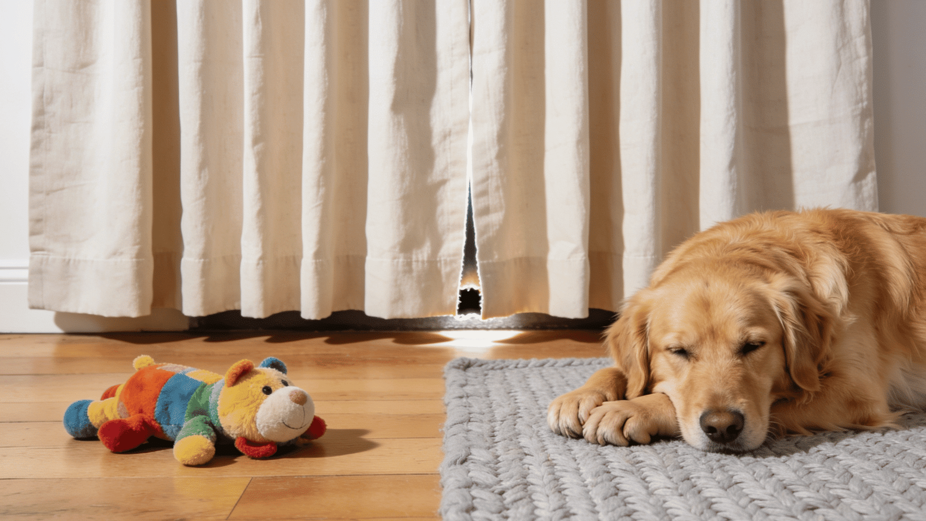 _living room with practical cotton-blend curtains hanging just above the floor with a small visible gap, a child's toy and a dog resting nearby,