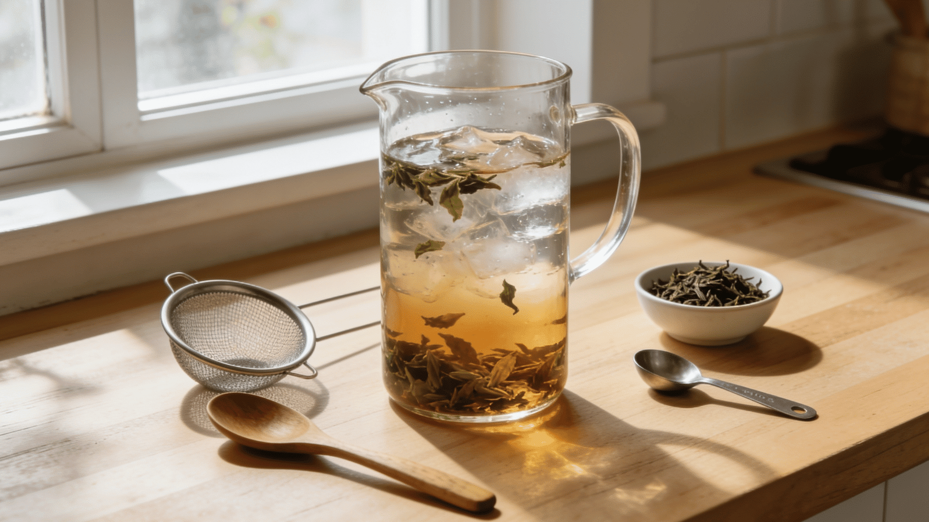 loose-leaf cold brew tea steeping in a glass pitcher beside a fine mesh strainer and measured tea leaves