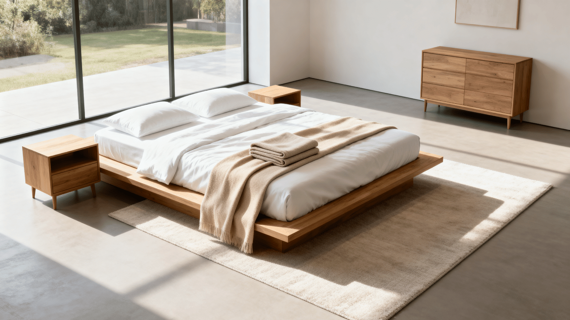 low platform bed bedroom with white bedding jute rug wood furniture and bright indoor lighting full room view