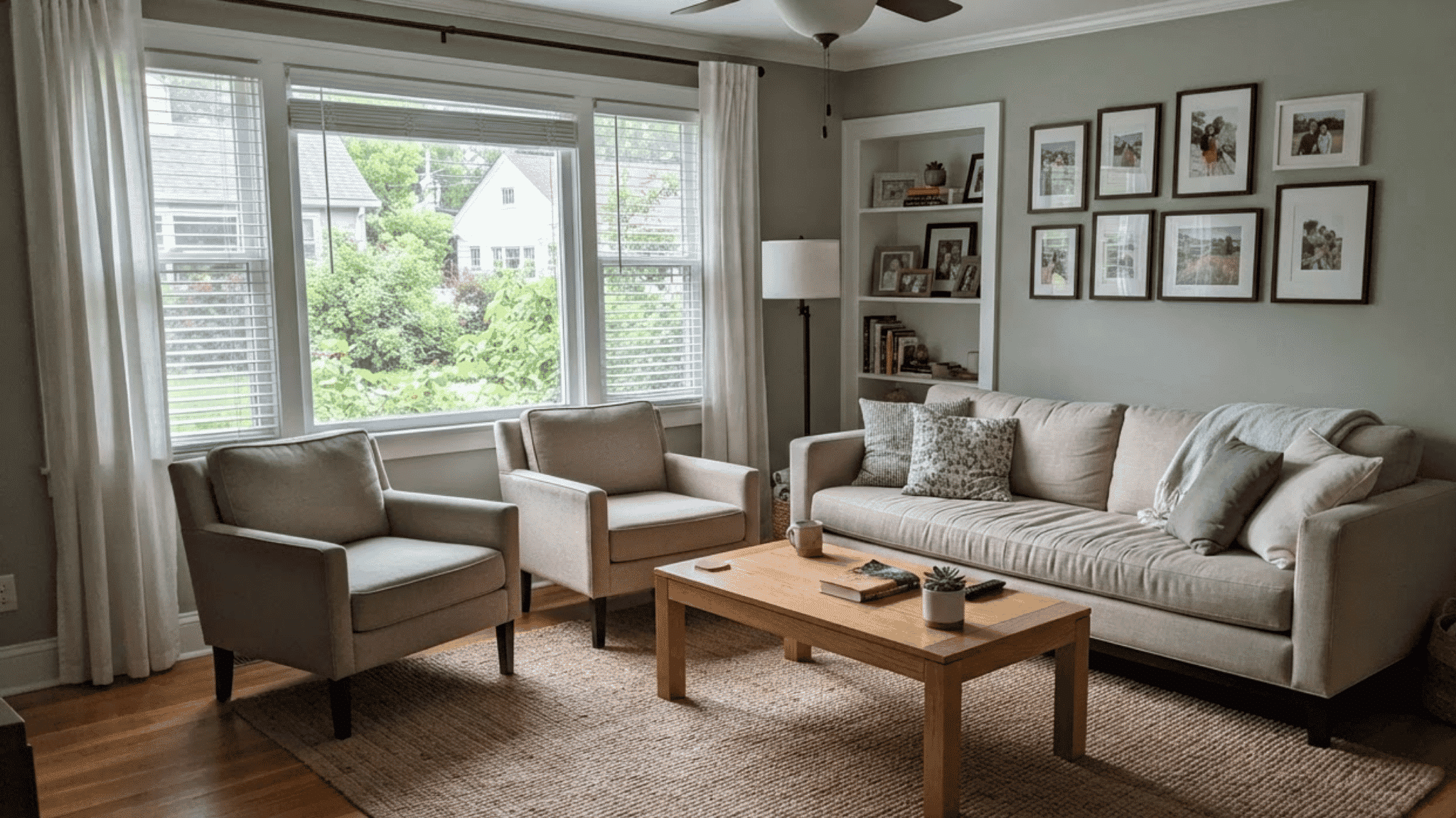 low profile tailored sofa and chairs in a neutral transitional living room