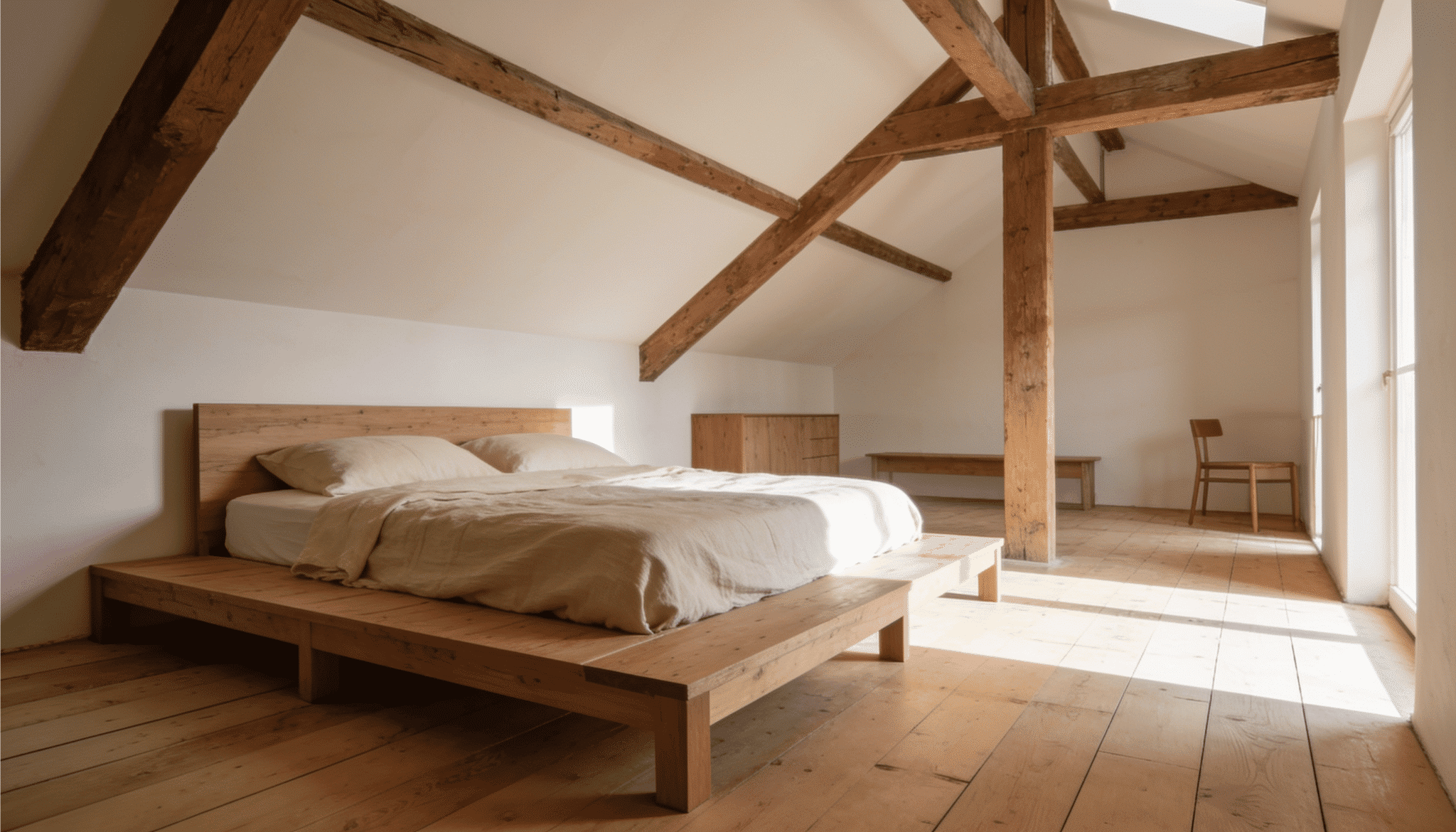 low-profile wooden platform bed in a bright attic bedroom with exposed beams and vaulted ceiling