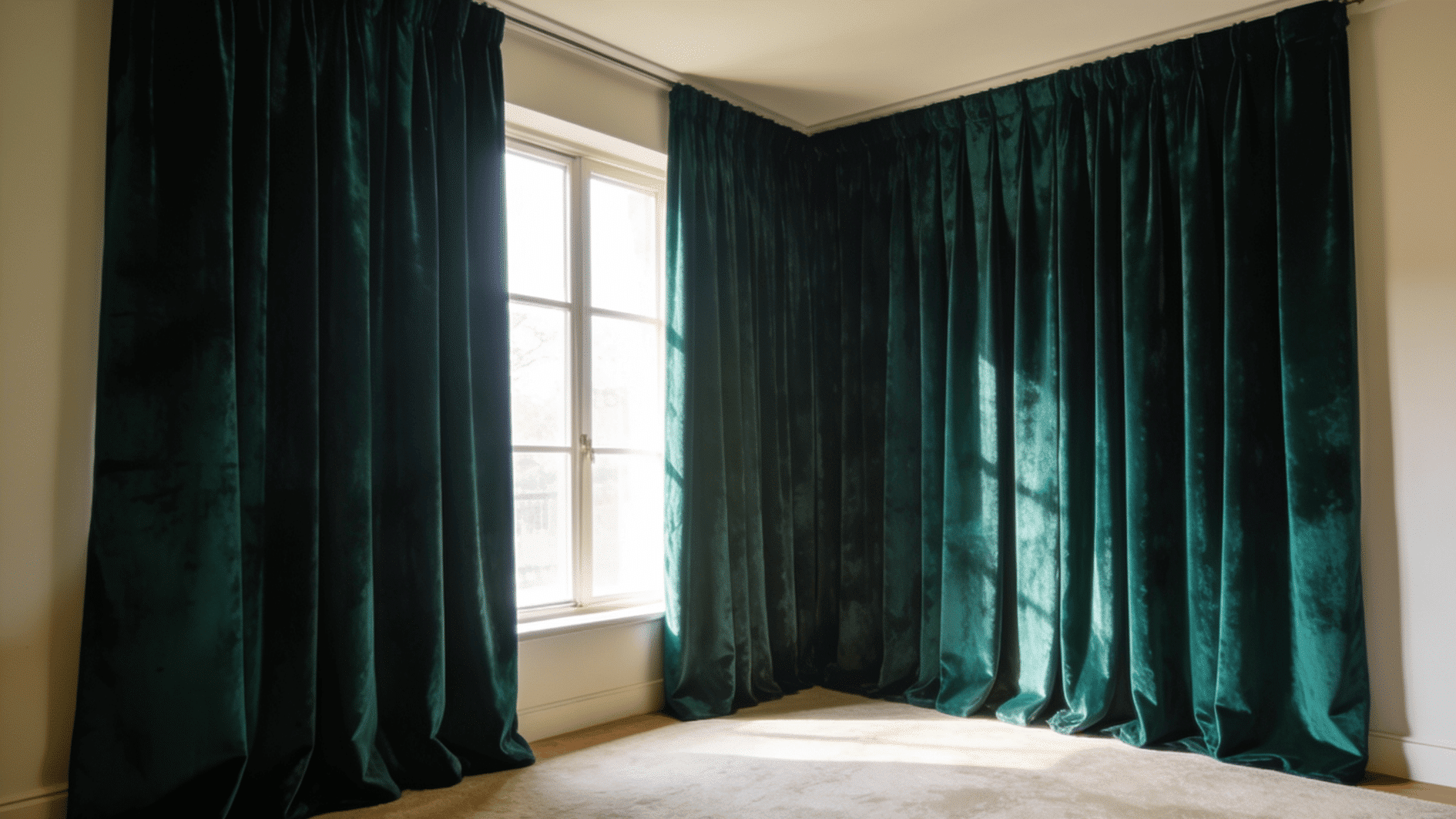 luxurious emerald green velvet curtains draping a corner room, with sunlight streaming through a window.