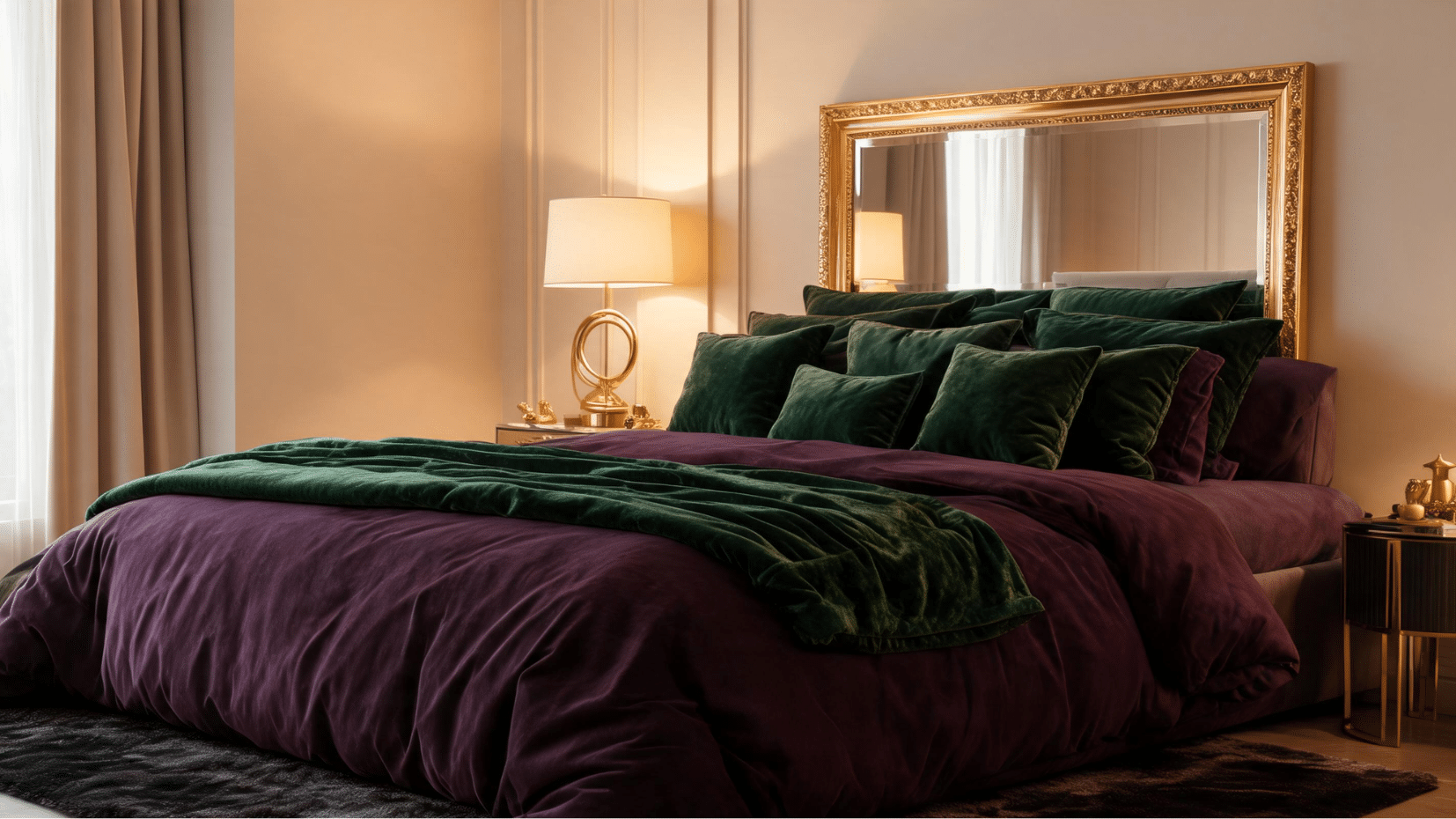 luxurious velvet bedroom in emerald green and gold