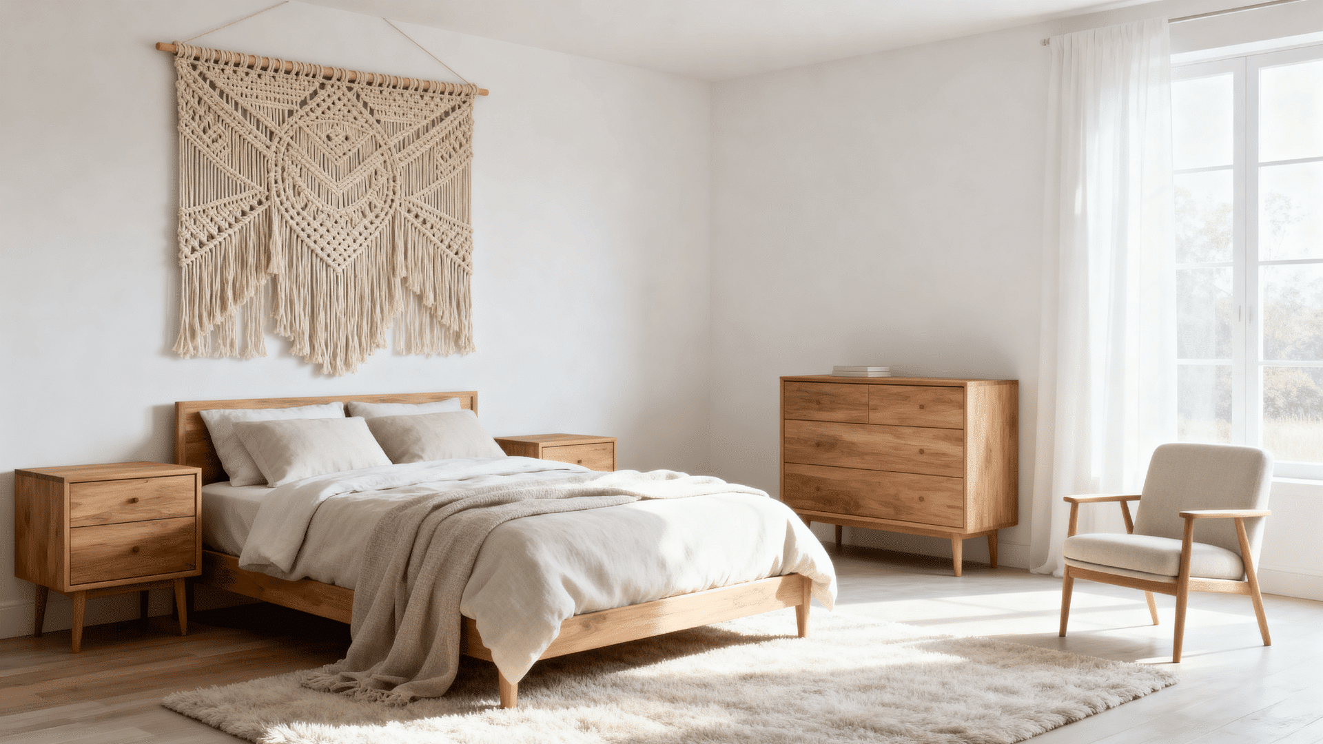 macrame wall hanging bedroom neutral bedding wood furniture soft lighting and textured decor full room view
