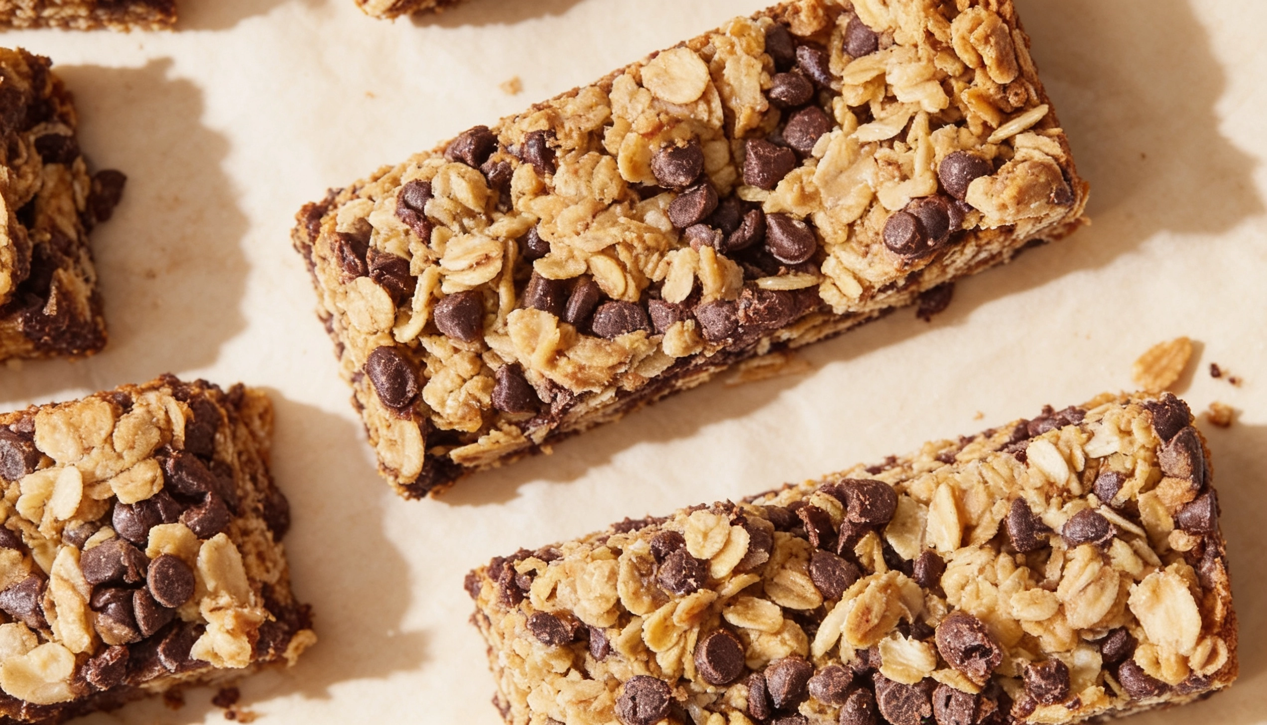 homemade granola bars stacked on wooden board