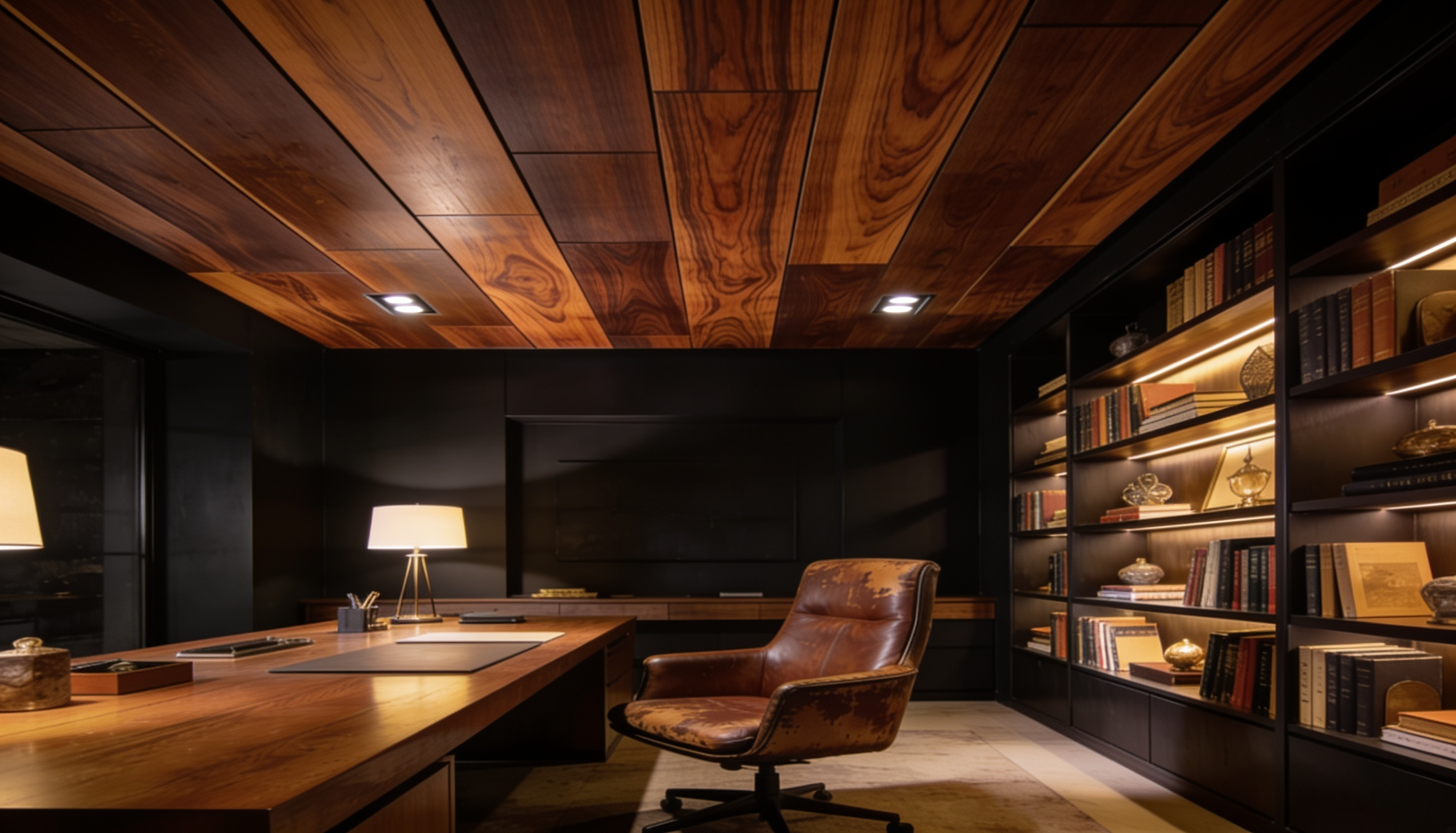 dark wood ceiling with rich walnut planks in a moody modern home office with warm ambient lighting