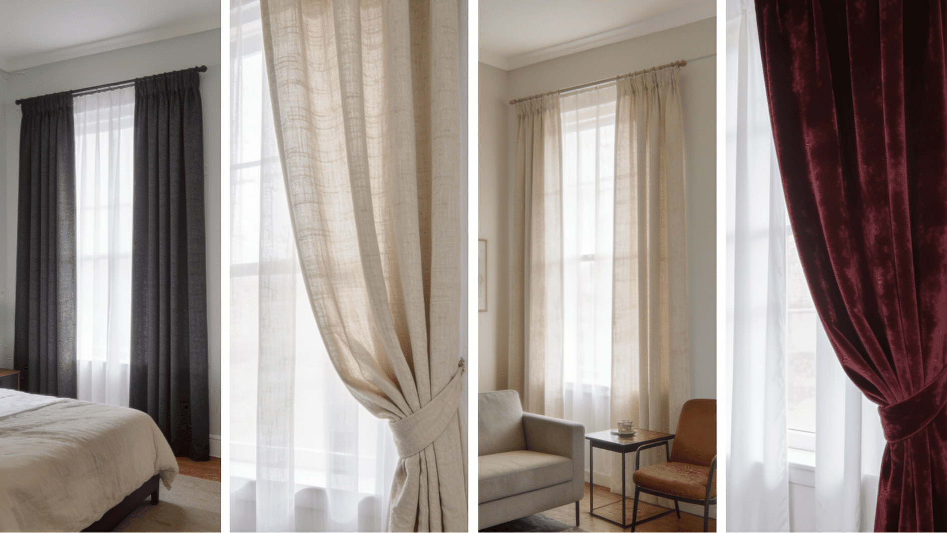 blackout, linen, cotton, and velvet curtain styles showing different main layers for bedroom and living room windows