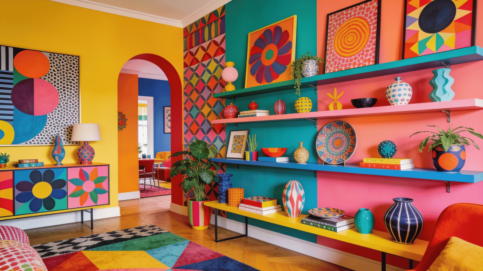 maximalist interior with bold colors layered patterns art pieces and expressive decorative styling