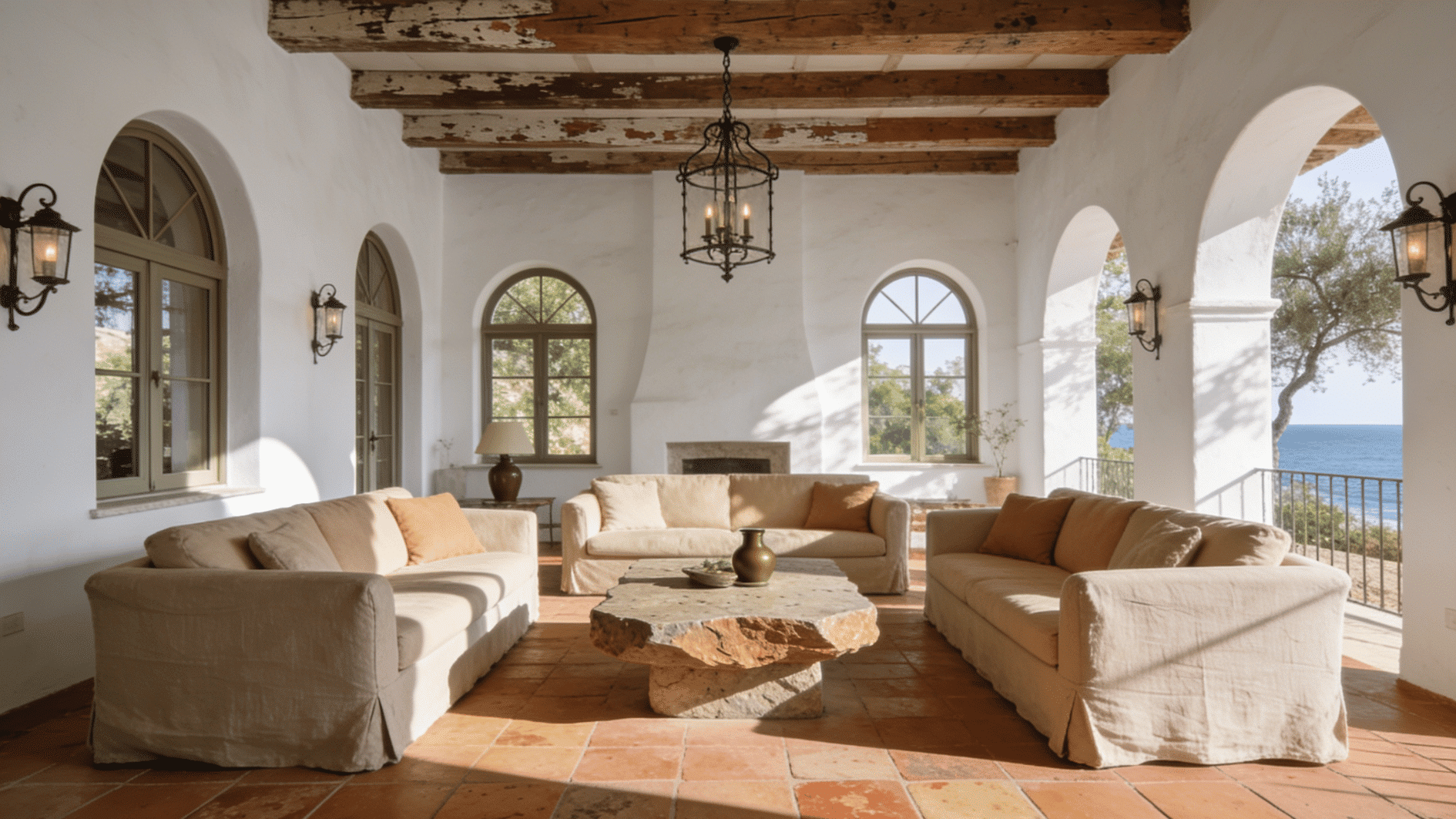mediterranean living room with terracotta floors arched windows stone textures and warm sunlit coastal design