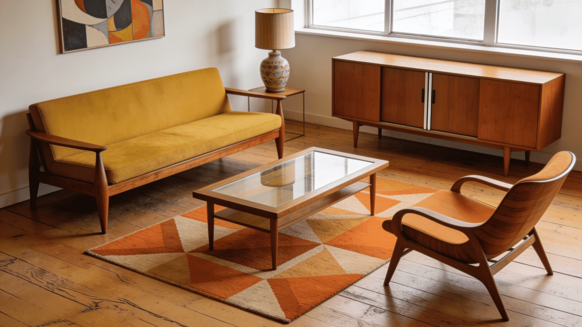 mid century modern living room with wooden furniture clean lines retro style and warm timeless design