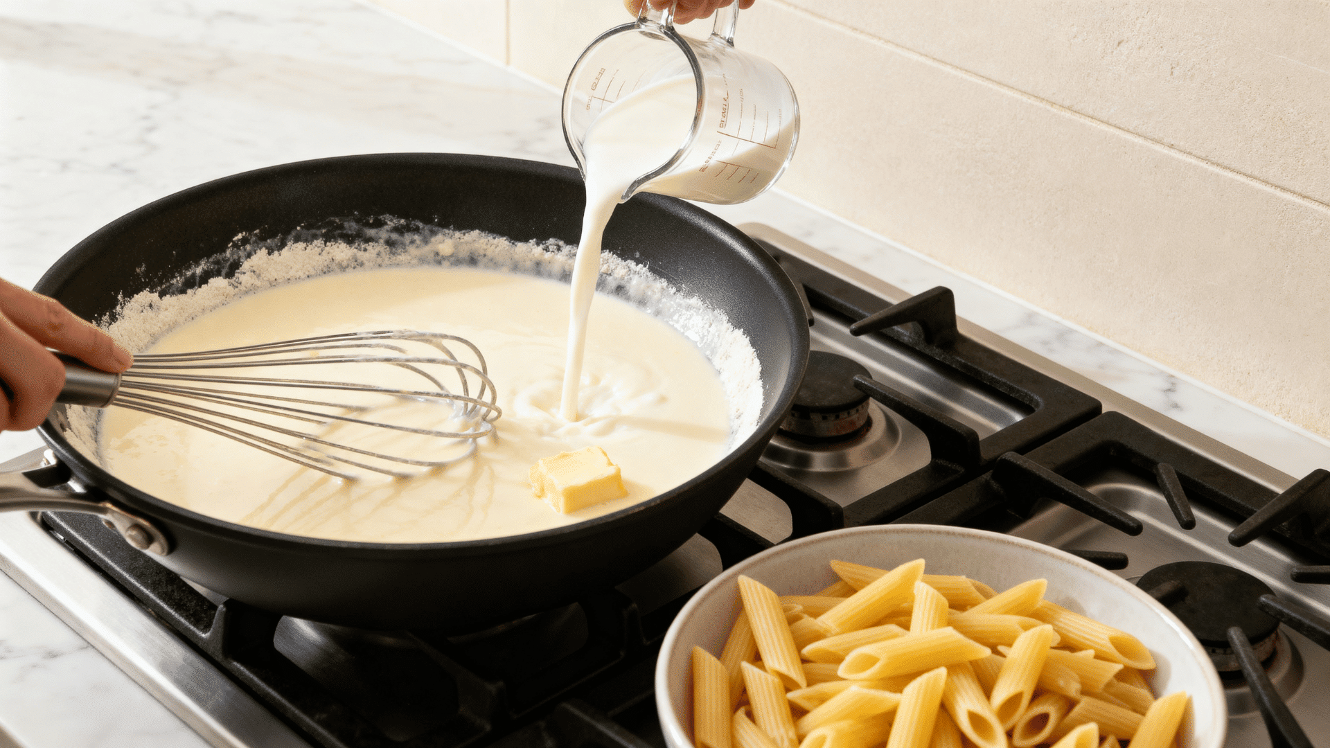 milk poured slowly into a pan while whisking white sauce with cooked penne pasta ready beside the stove