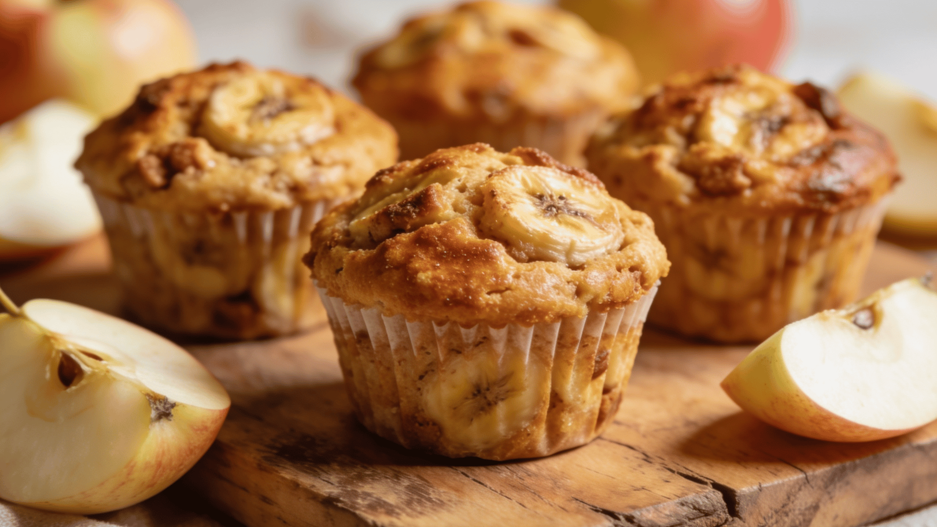mini apple banana muffins on a wooden board with fresh apple slices and banana pieces in the background