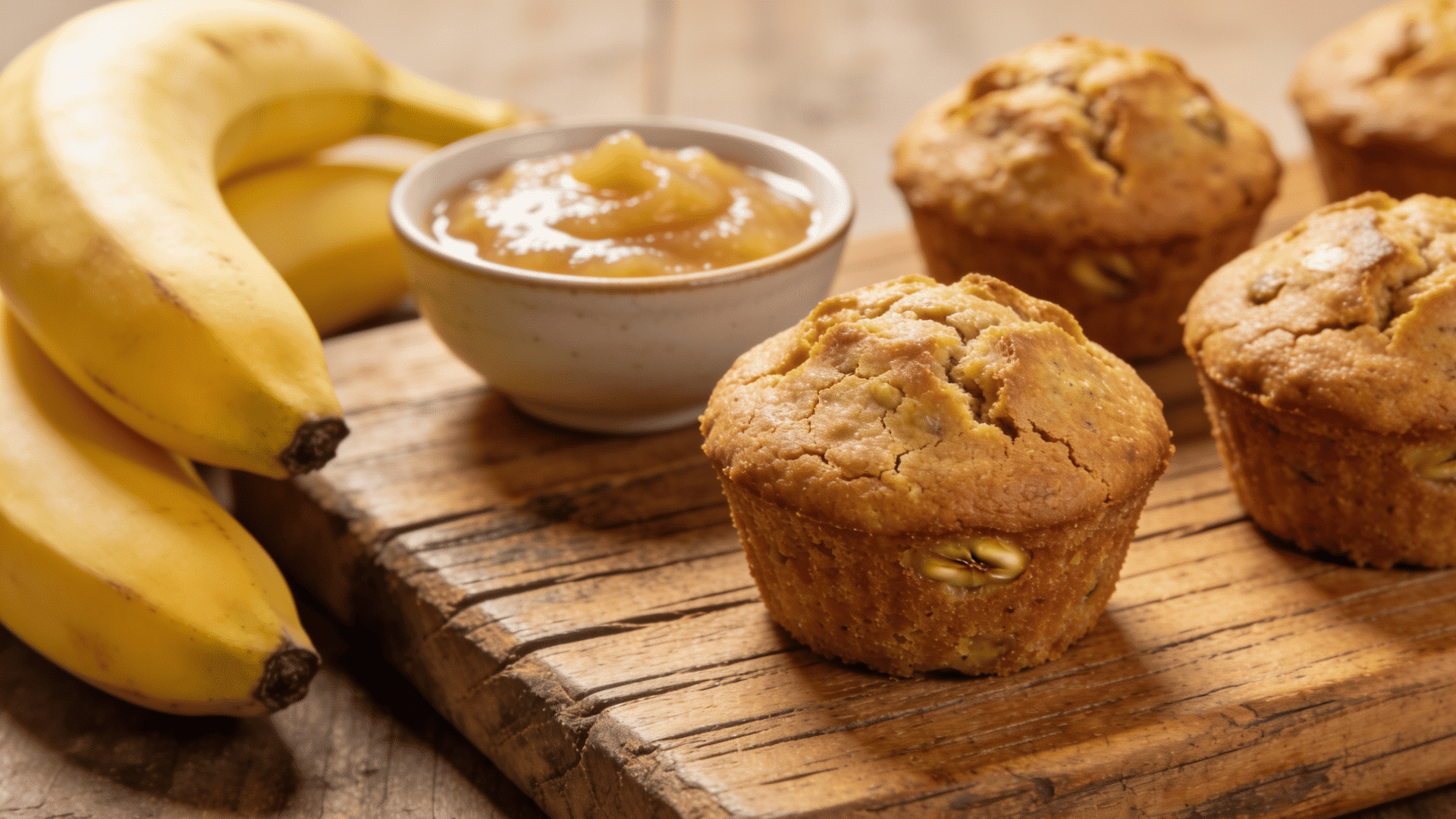 mini applesauce banana muffins on a wooden board with applesauce and ripe bananas in the background
