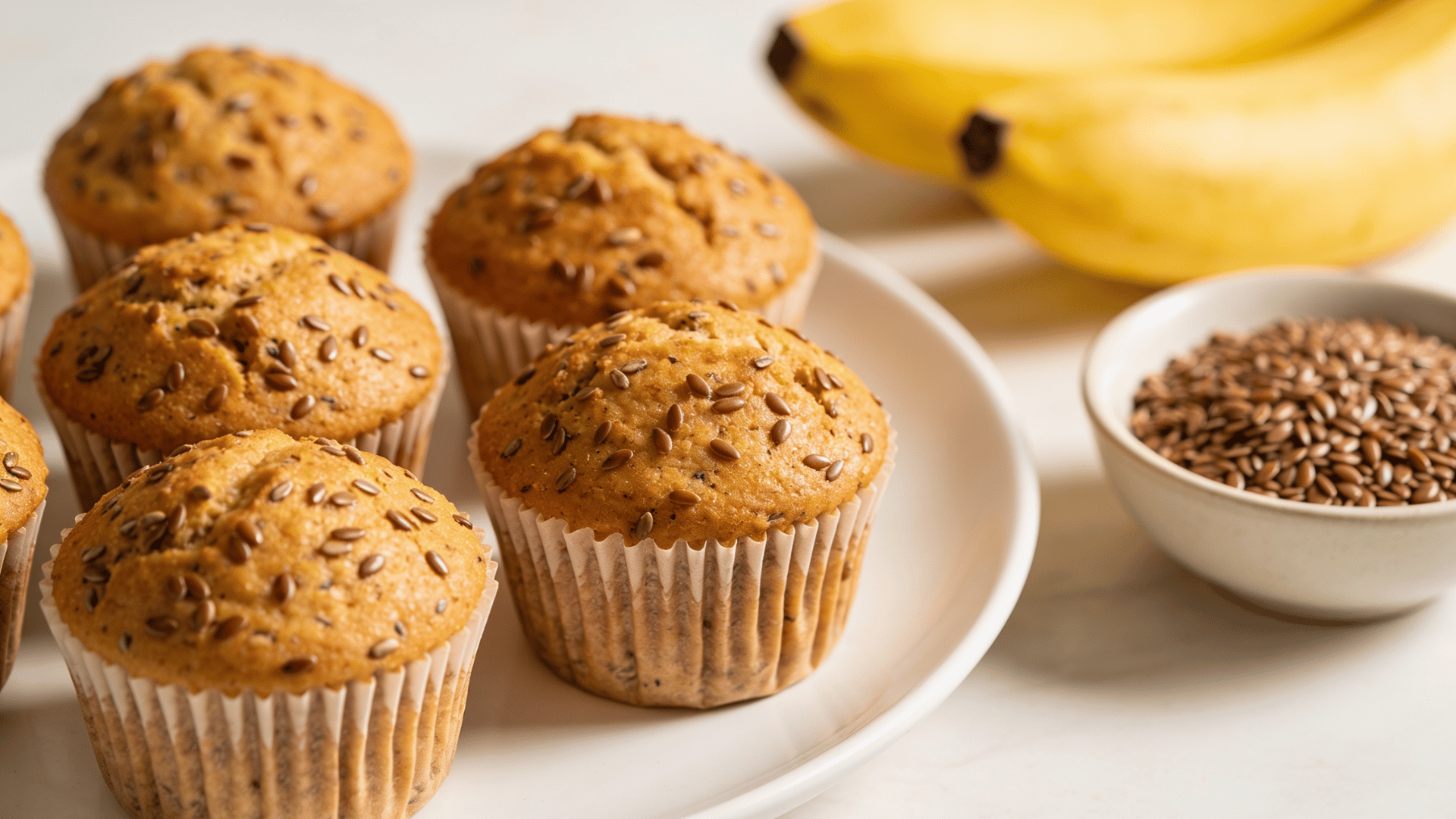 mini banana flaxseed muffins on a white plate with flaxseeds and ripe bananas in the backgroun