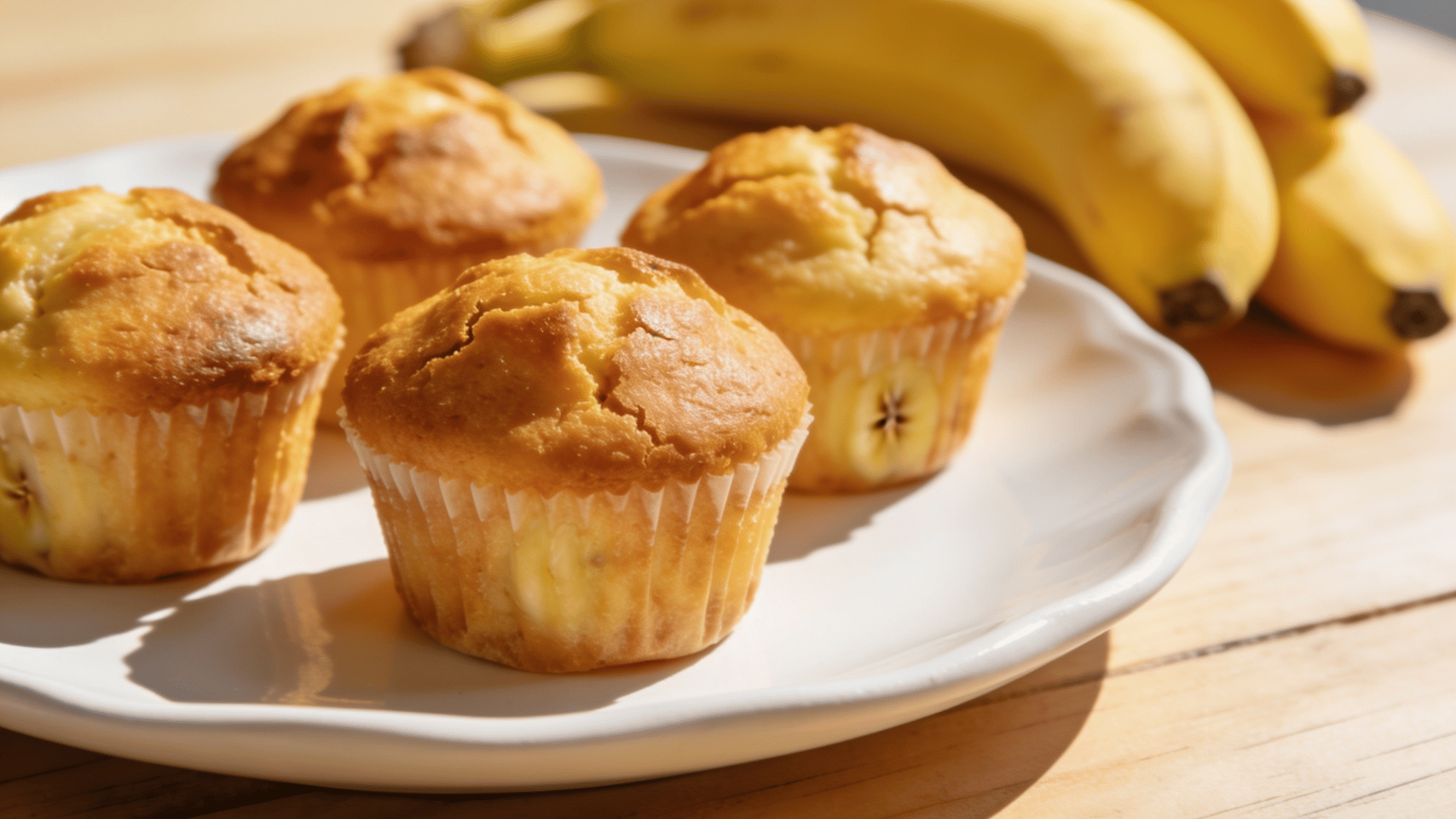 mini banana muffins on a white plate with ripe bananas in the background on a wooden table