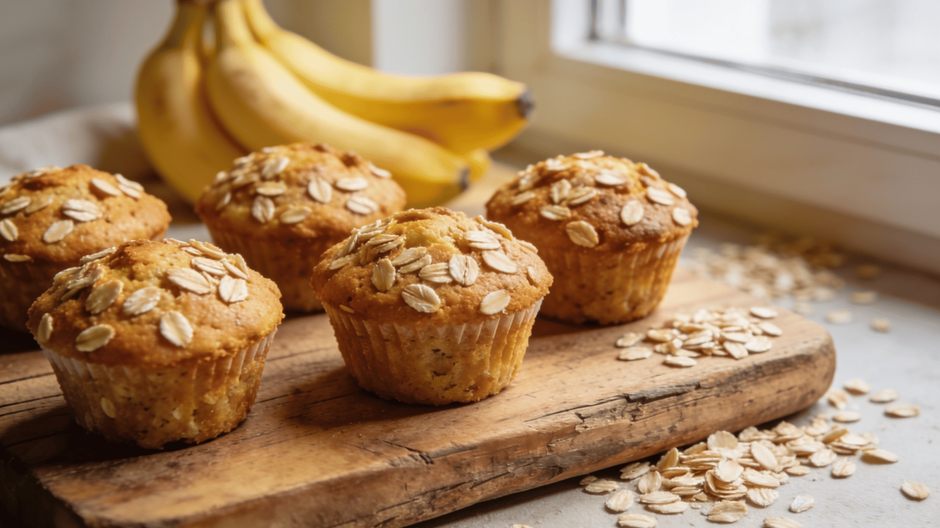 mini banana oat muffins topped with rolled oats on a wooden board with ripe bananas in the background