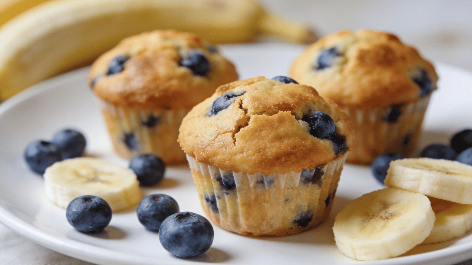 mini blueberry banana muffins on a white plate with fresh blueberries and banana slices in the background