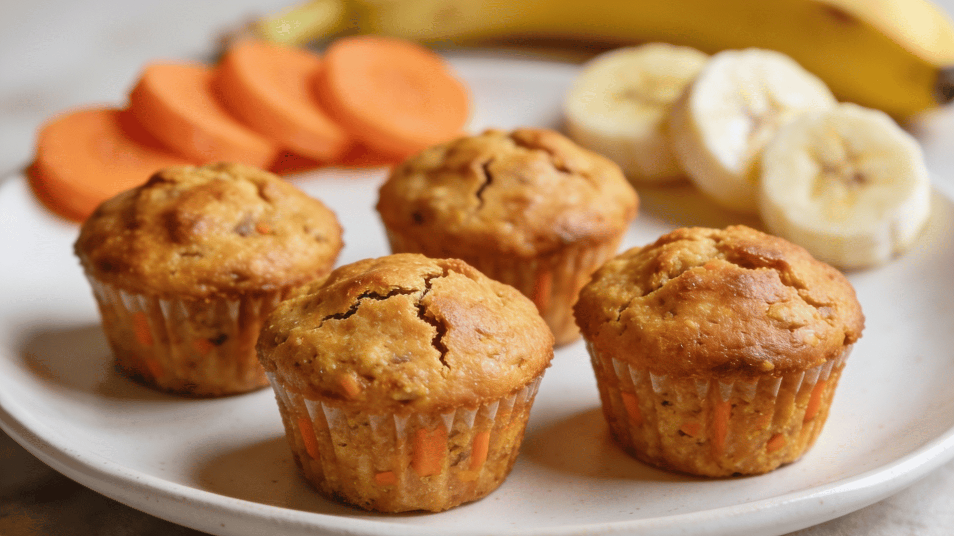 mini carrot banana muffins on a white plate with fresh carrot slices and banana in the background
