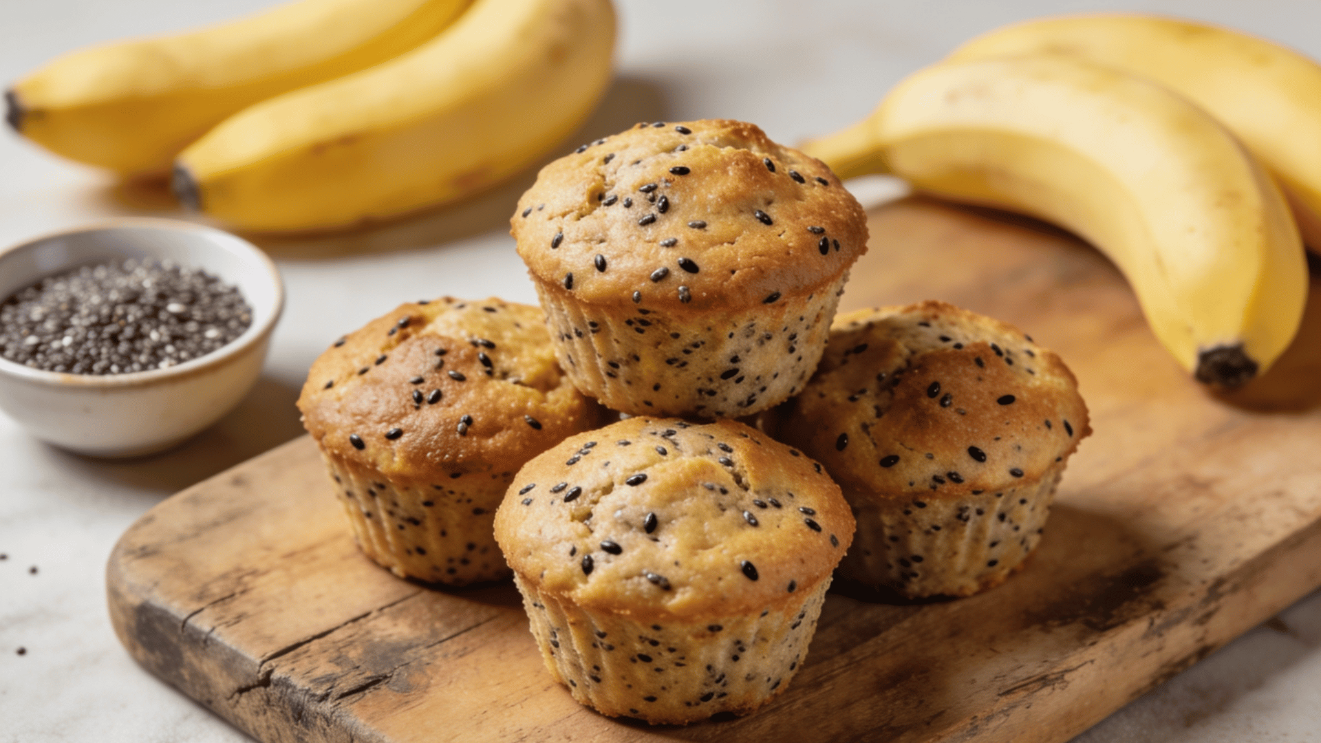 mini chia banana muffins on a wooden board with chia seeds and ripe bananas in the background