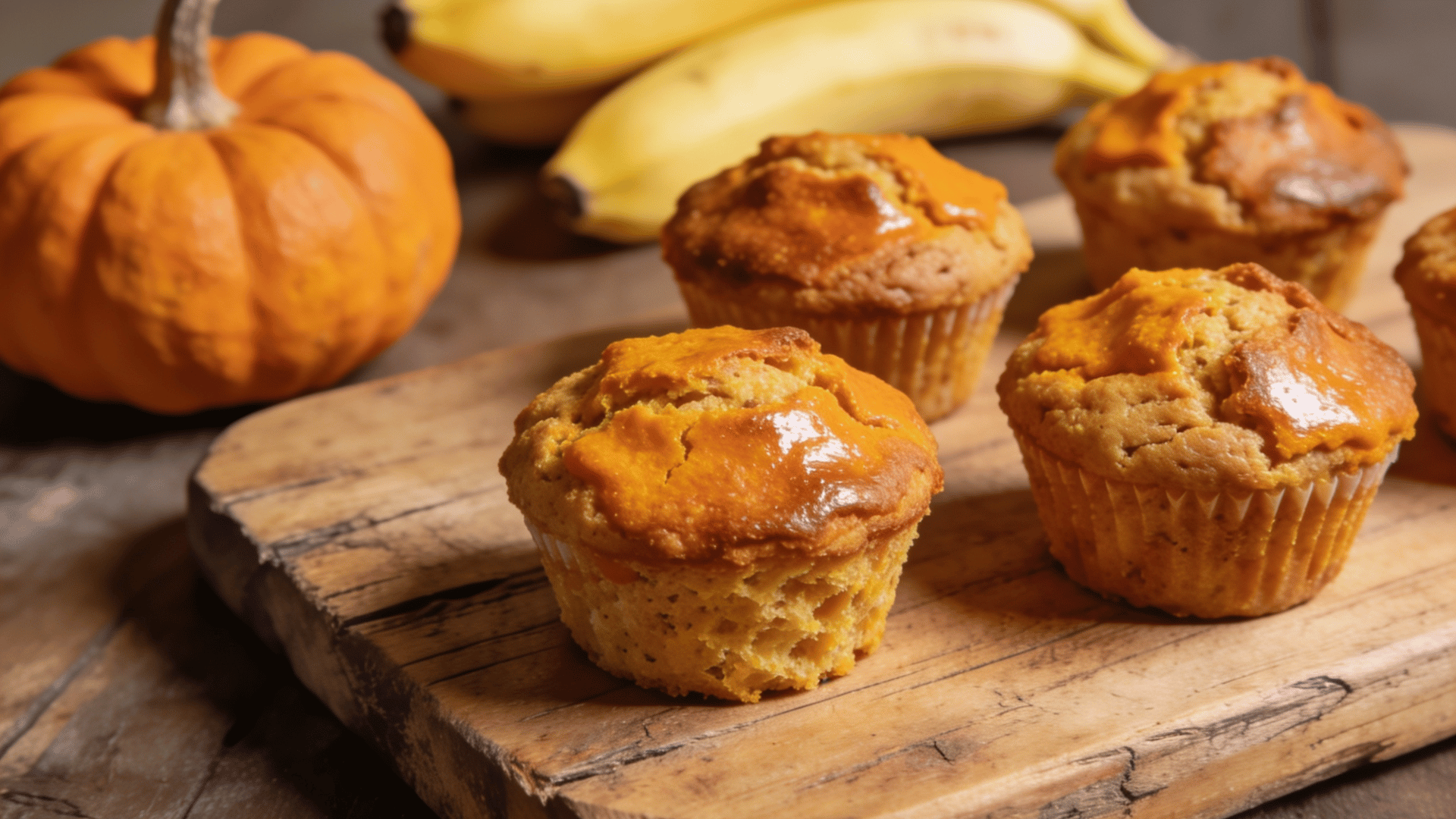 mini pumpkin banana muffins on a wooden board with a pumpkin and ripe bananas in the background