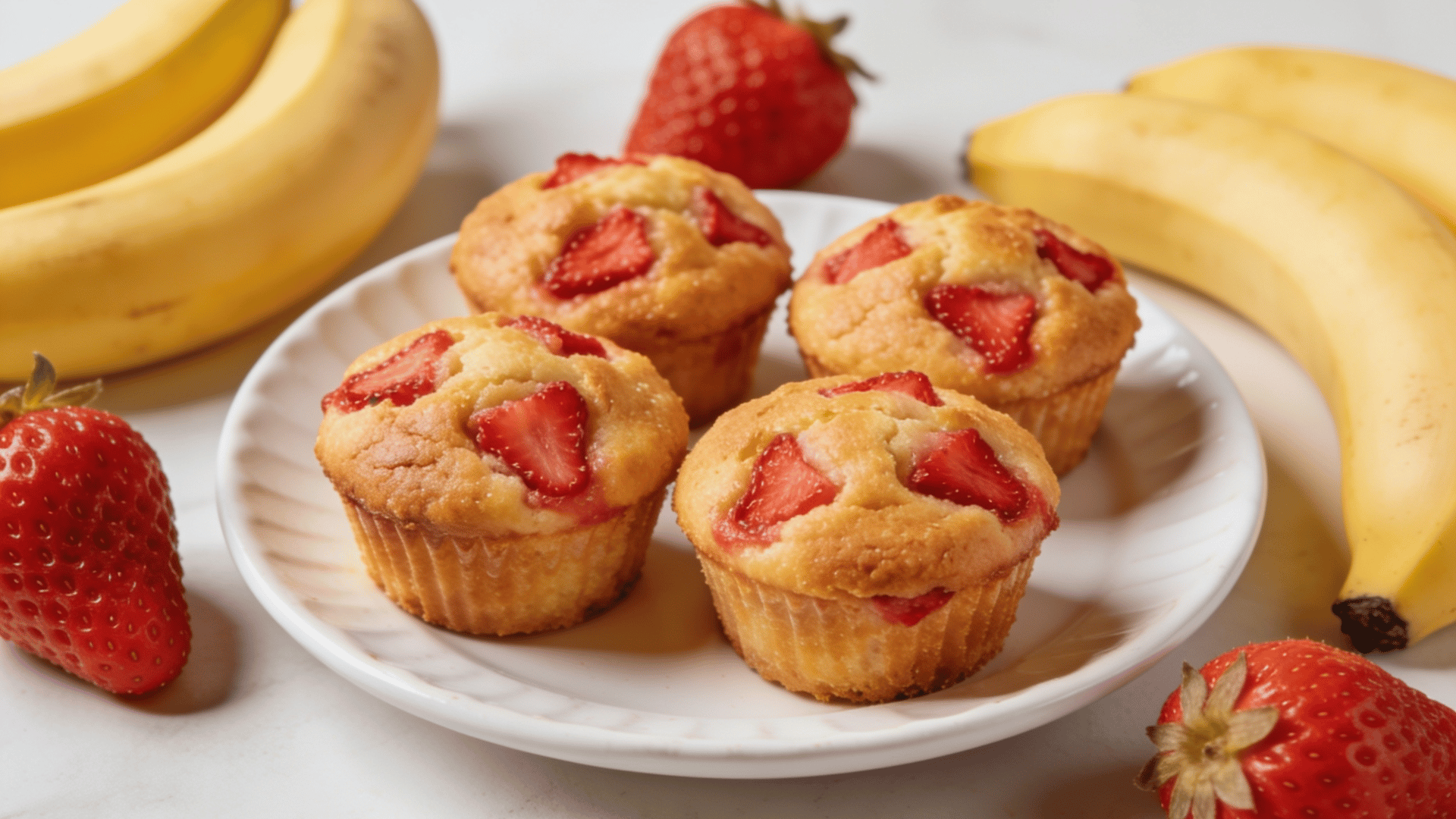 mini strawberry banana muffins on a white plate with fresh strawberries and ripe bananas in the background