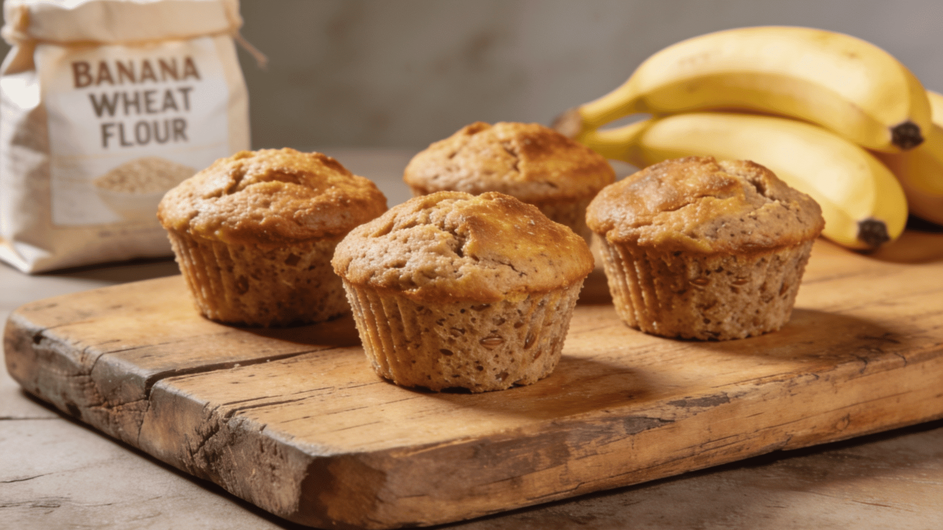 mini whole wheat banana muffins on a wooden board with whole wheat flour and ripe bananas in the background