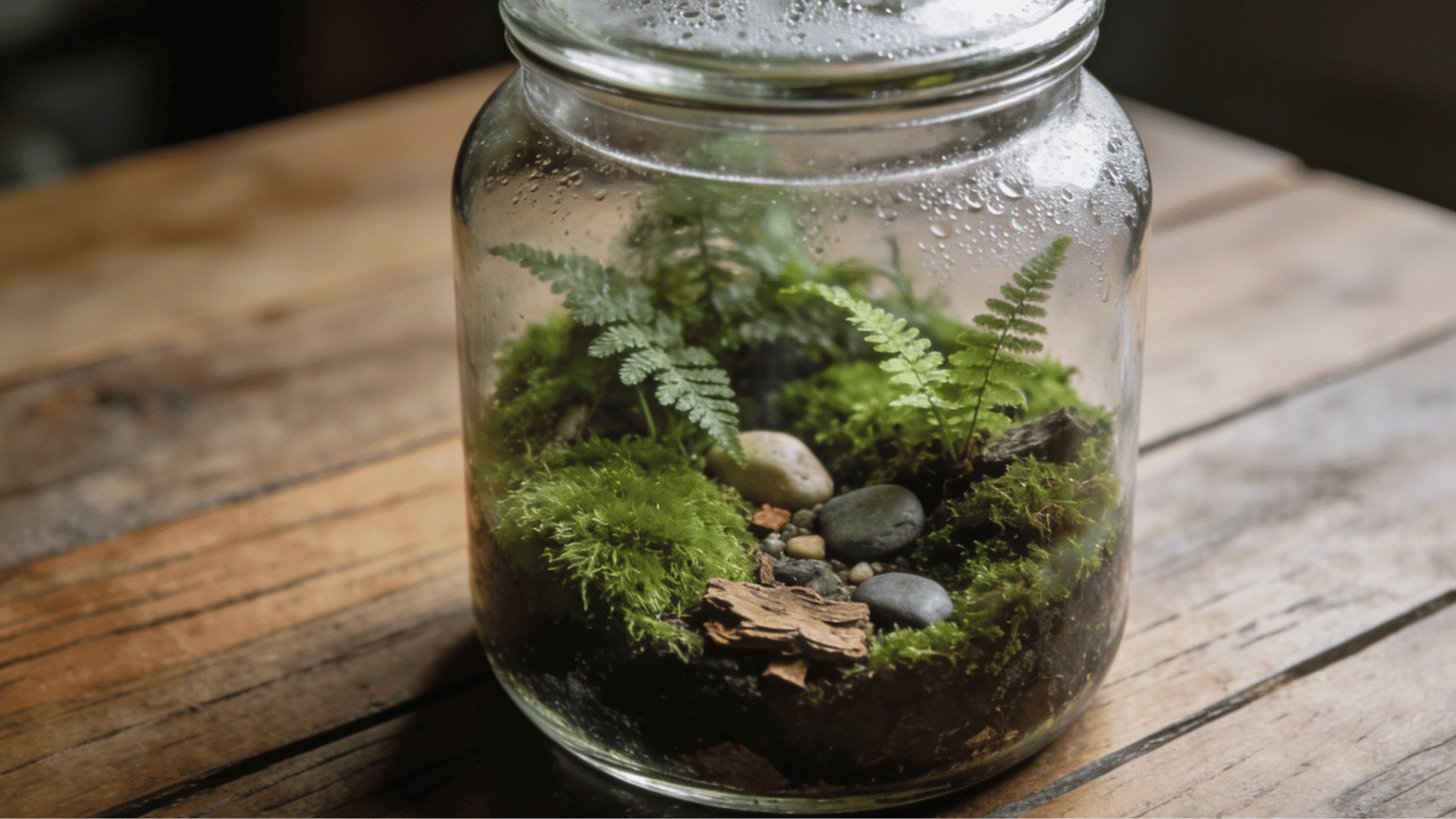 mini woodland terrarium with moss ferns stones and bark arranged inside a closed glass jar for indoor gardening