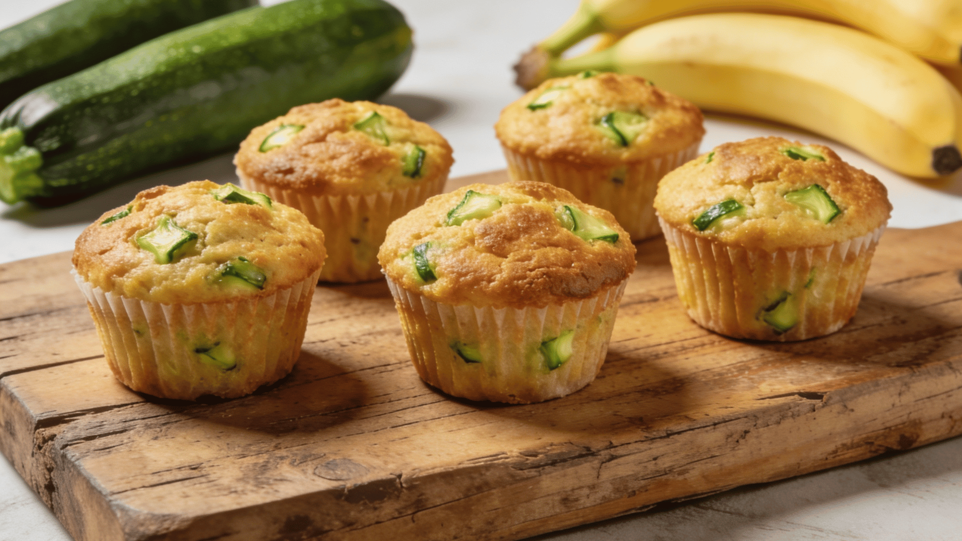 mini zucchini banana muffins on a wooden board with fresh zucchini and ripe bananas in the background